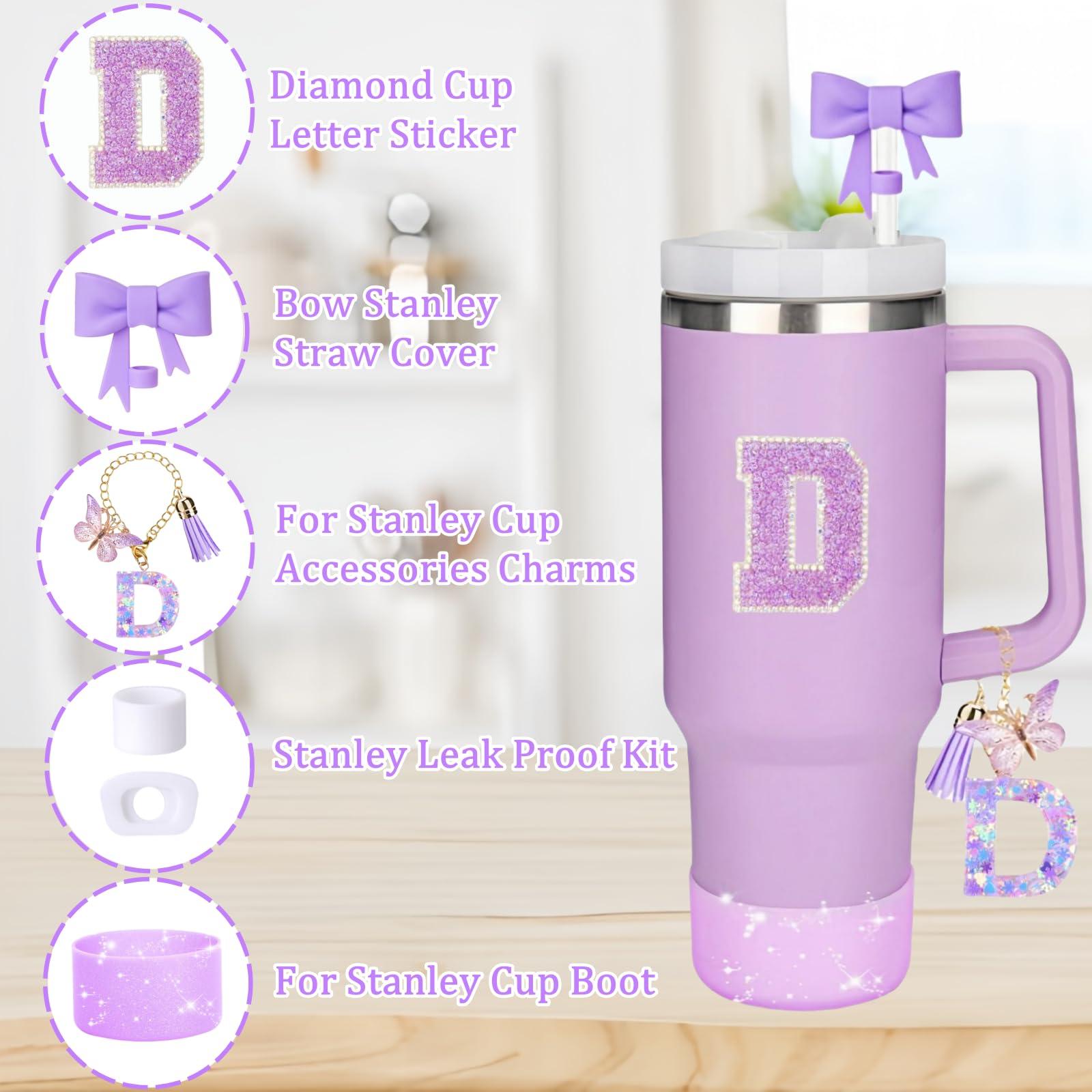MOTEERLLU MOTEERLLU 6pcs Stanley Cup Accessories Set,Bow Straw Cover for Stanley Cup 30oz 40oz, Including Straw Topper,Spill Proof Stopper,Sparkly Silicone Boot Set,Handle Charm,Initials Sticker (D)