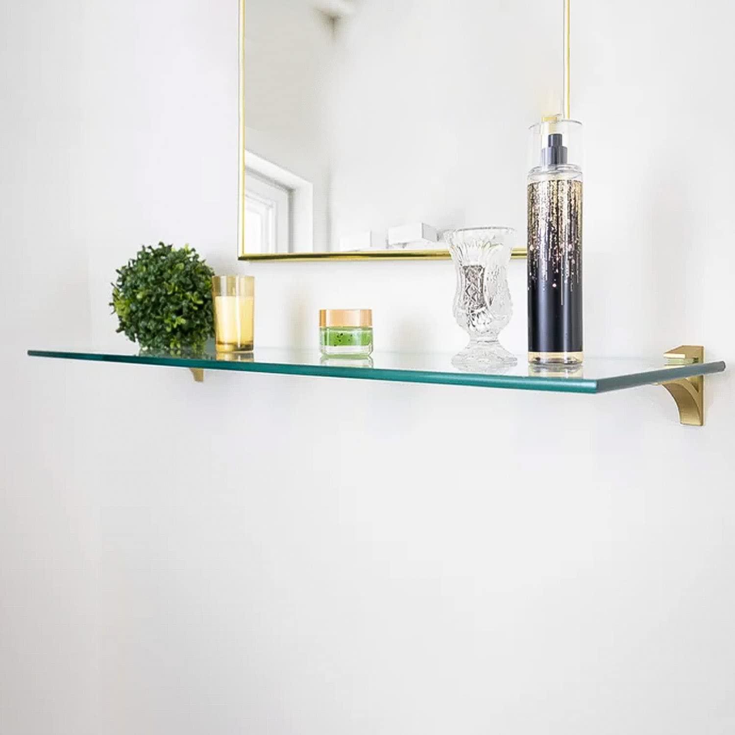Fab Glass and Mirror Fab Glass and Mirror Rectangle Floating Glass Shelve, 12" X 24" Inches, 3/8 Thick Clear Glass with Flat Polished Edge-?Easy Installation with Screws, and Peacock Chrome Finish Brackets