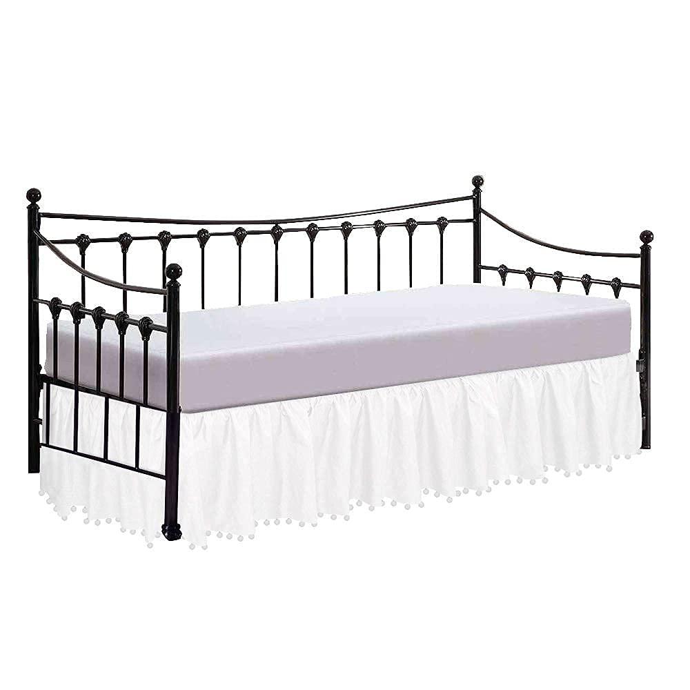 Silver Cotton Full Size Pom Pom Ruffle Daybed Skirt 100% Egyptian Cotton, 15 Inch Deep Pocket with Split Corners for Day Beds, Easy Fit, Three Side Coverage, Solid White