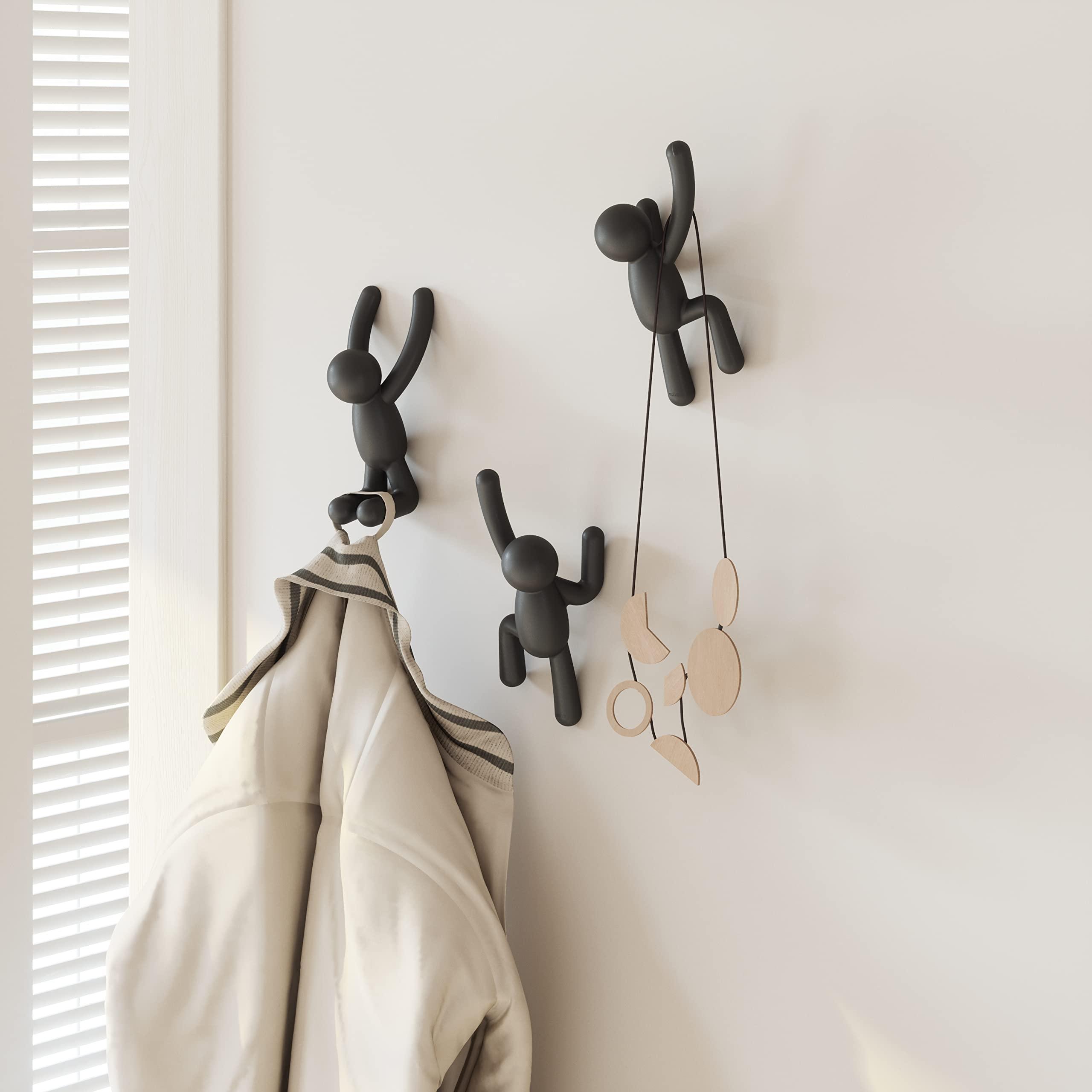 Umbra Umbra Buddy Wall Hooks Decorative Wall Mounted Coat Hooks for Hanging Coats, Scarves, Bags, Purses, Backpacks, Towels and More, Set of 3, Black