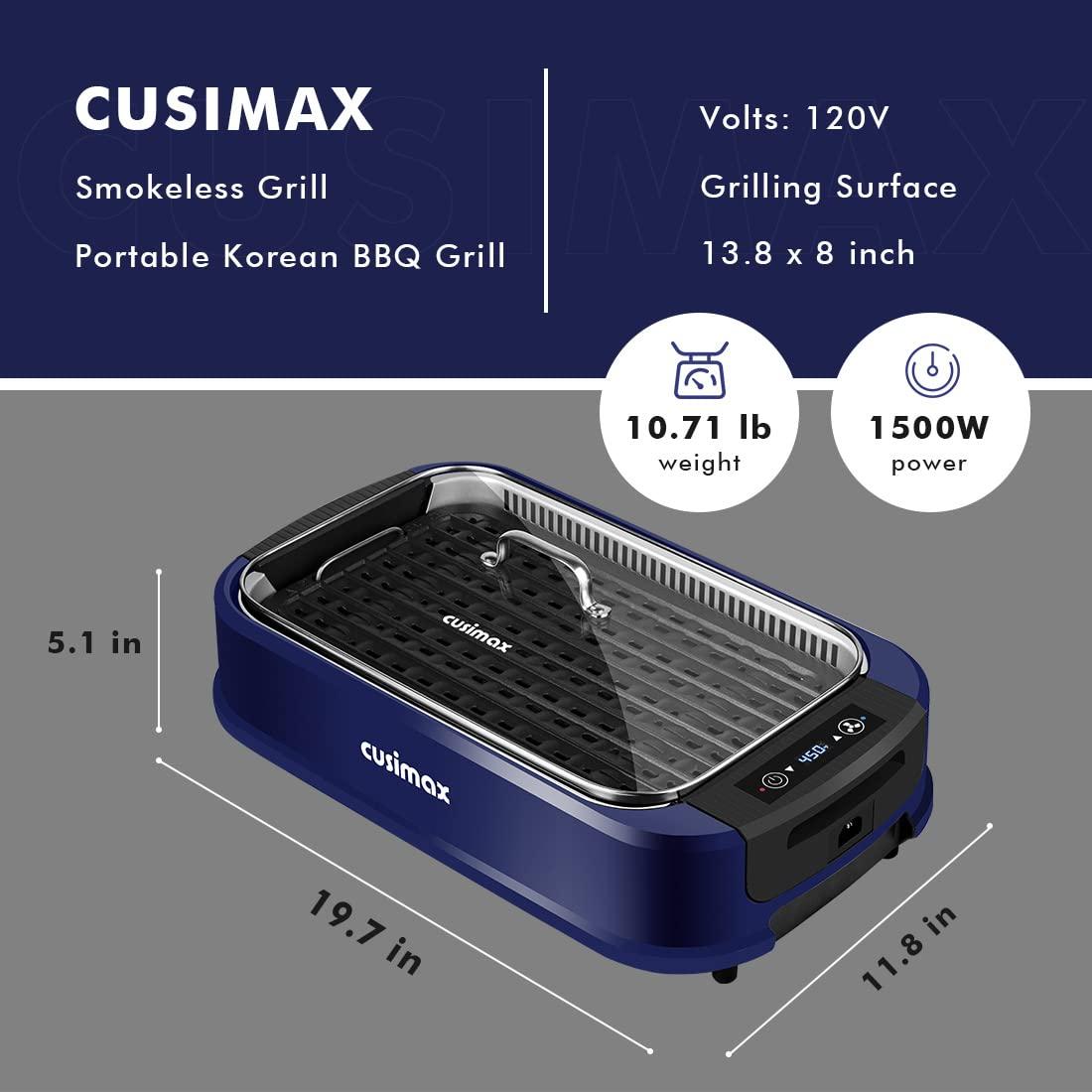 CUSIMAX Indoor Grill Electric Grill CUSIMAX Smokeless Grill Portable Korean BBQ Grill with Turbo Smoke Extractor Technology, Non-stick Removable Grill Plate, Tempered Glass Lid, Great for Party(Single Plate)