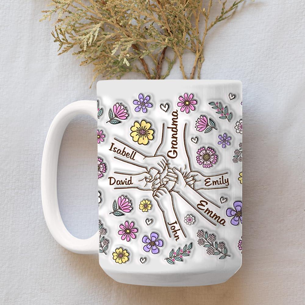 TrendingAz Custom Grandma 3D Inflated Effect Printed Holding Hand Mug, Grandma Kid Mug With Name, Gift For Mom Grandma, Birthday Gift, Mothers Day Gift, Holding Hand Grandma Mug, Family Custom Mug
