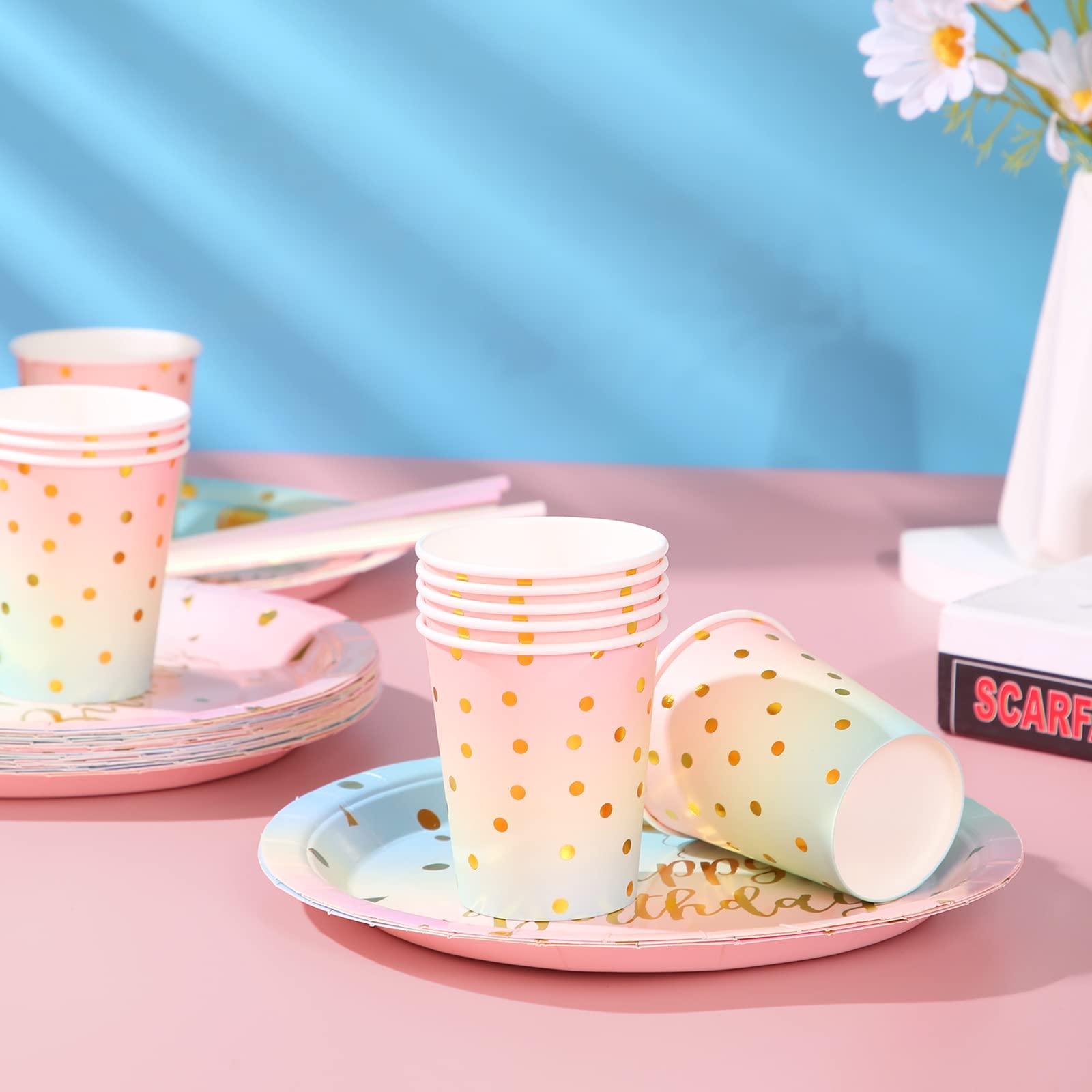 Boocikey Boocikey 200 Pcs Pastel Party Supplies Birthday Party Plates and Napkins Sets,Disposable Pastel Birthday Plates - Rainbow Paper Plates Napkins Cups for Birthday Baby Shower Party Decorations