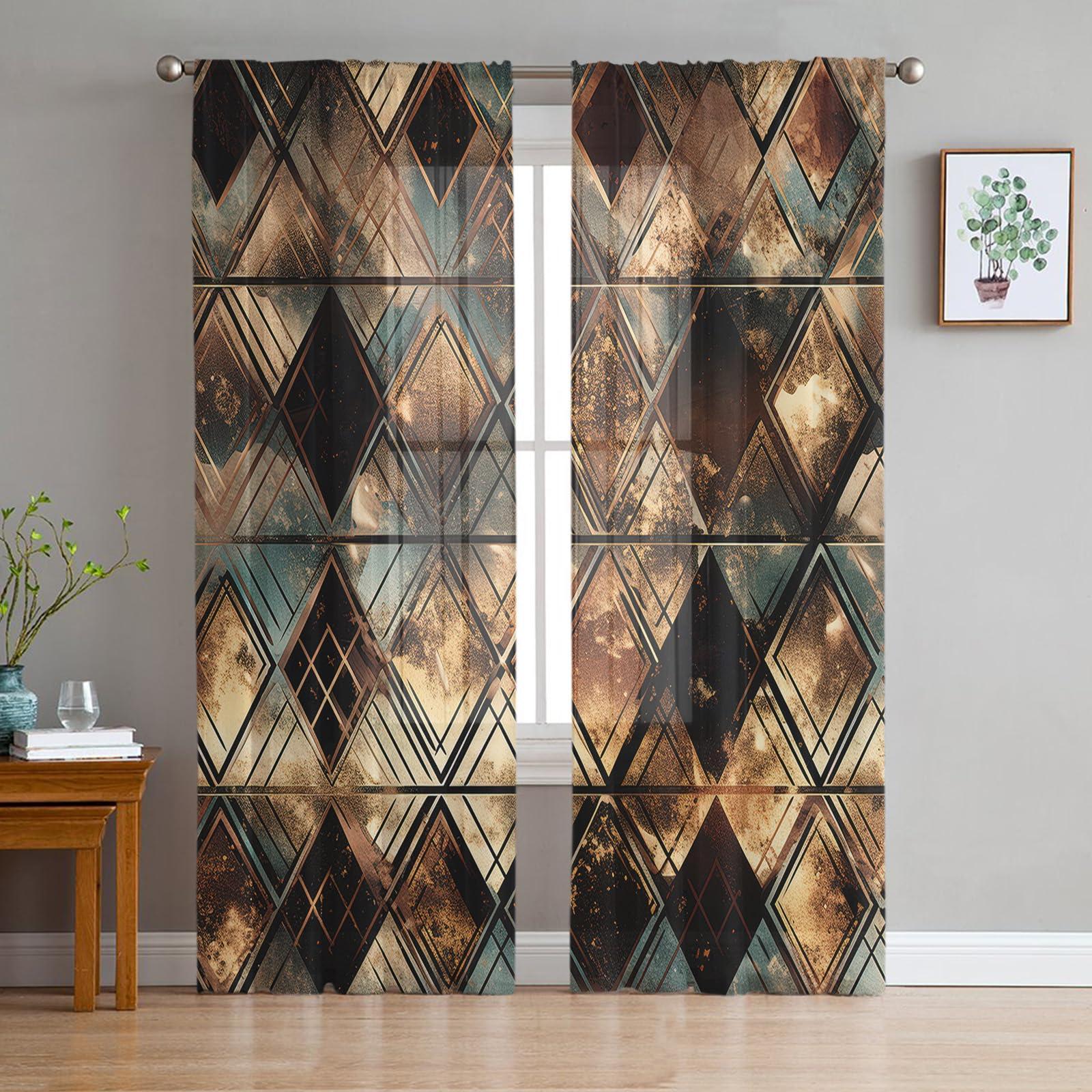 PIEPLE Brown Teal Geometric Sheer Curtains 63 Inch Length 2 Panels Set for Living Room/Bedroom, Retro Modern Plaid Abstract Art Semi Curtain Sheers Drapes Rod Pocket Curtains Window Treatment Set 52x63x2