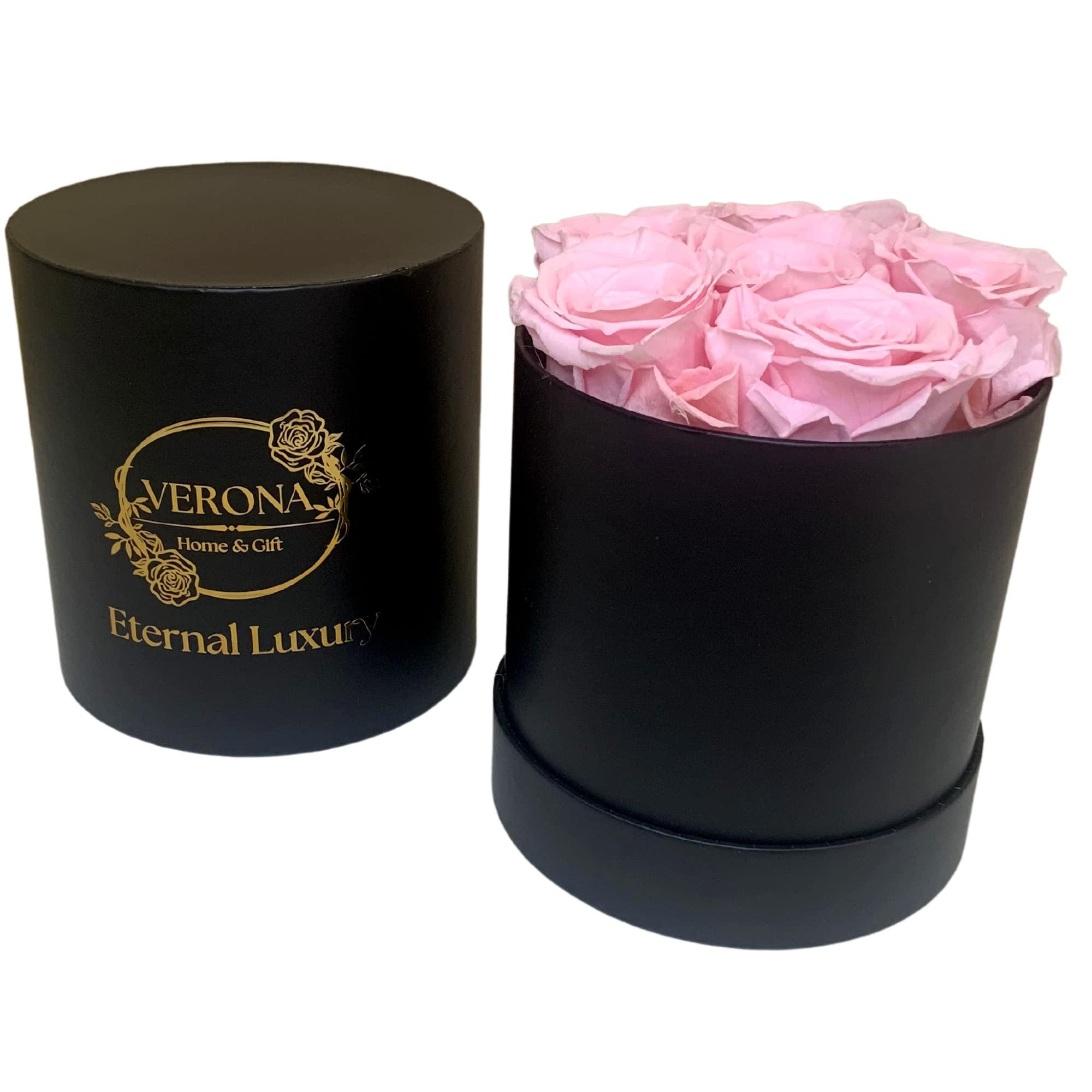 Verona Home & Gift PRESERVED ROSES | GIFT Flowers | 100% REAL ROSES That Lasts for Years | Gift for her | Flowers for ALL OCCASIONS ready to GIFT, Birthday Gift, Valentine\'s Day Gift (6 PINK Roses (black box))