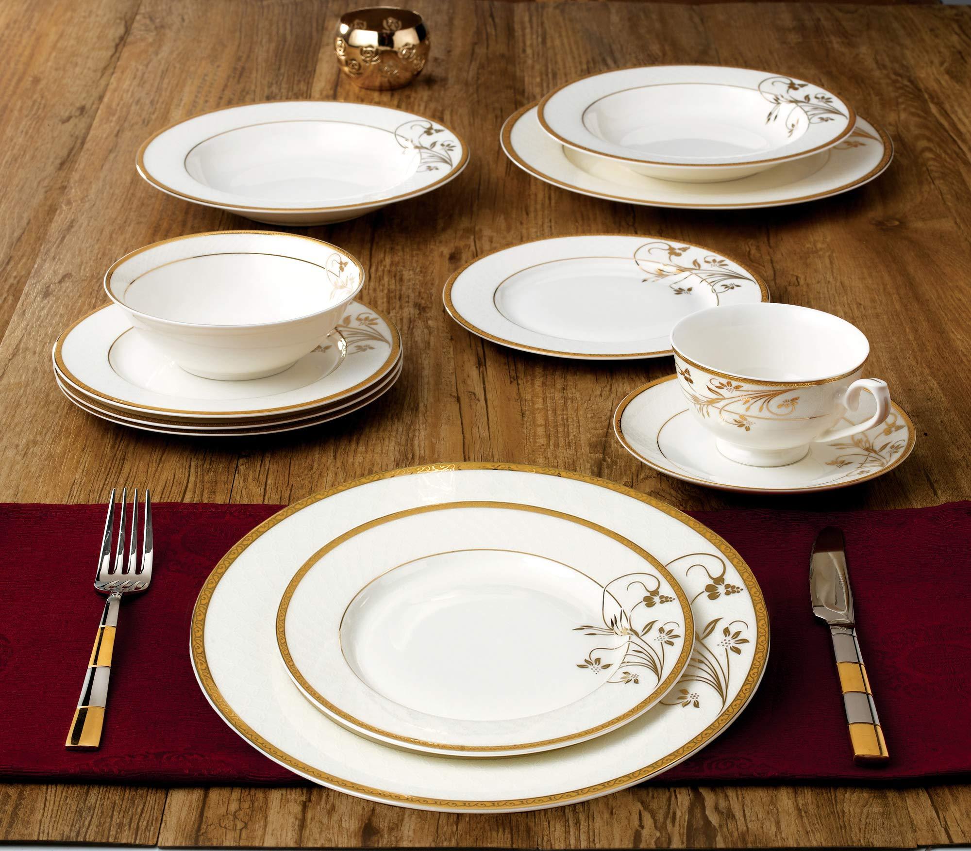 Lorren Home Trends Lorren Home Trends La Luna Bone China 57-Piece 24K Gold Floral Design Dinnerware Set, Service for 8