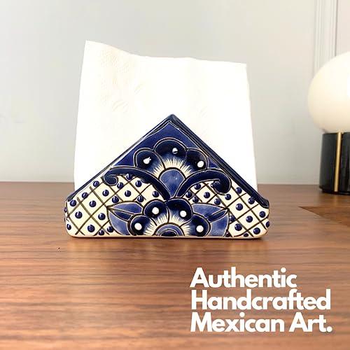 Casa Fiesta Designs Ceramic Napkin Holder - Authentic Mexican Pottery - for Kitchen Countertop | Dinner Table | Indoor & Outdoor Use Tissue and Letter Holder - Mexican Style Talavera Servilletero (Blue and White)