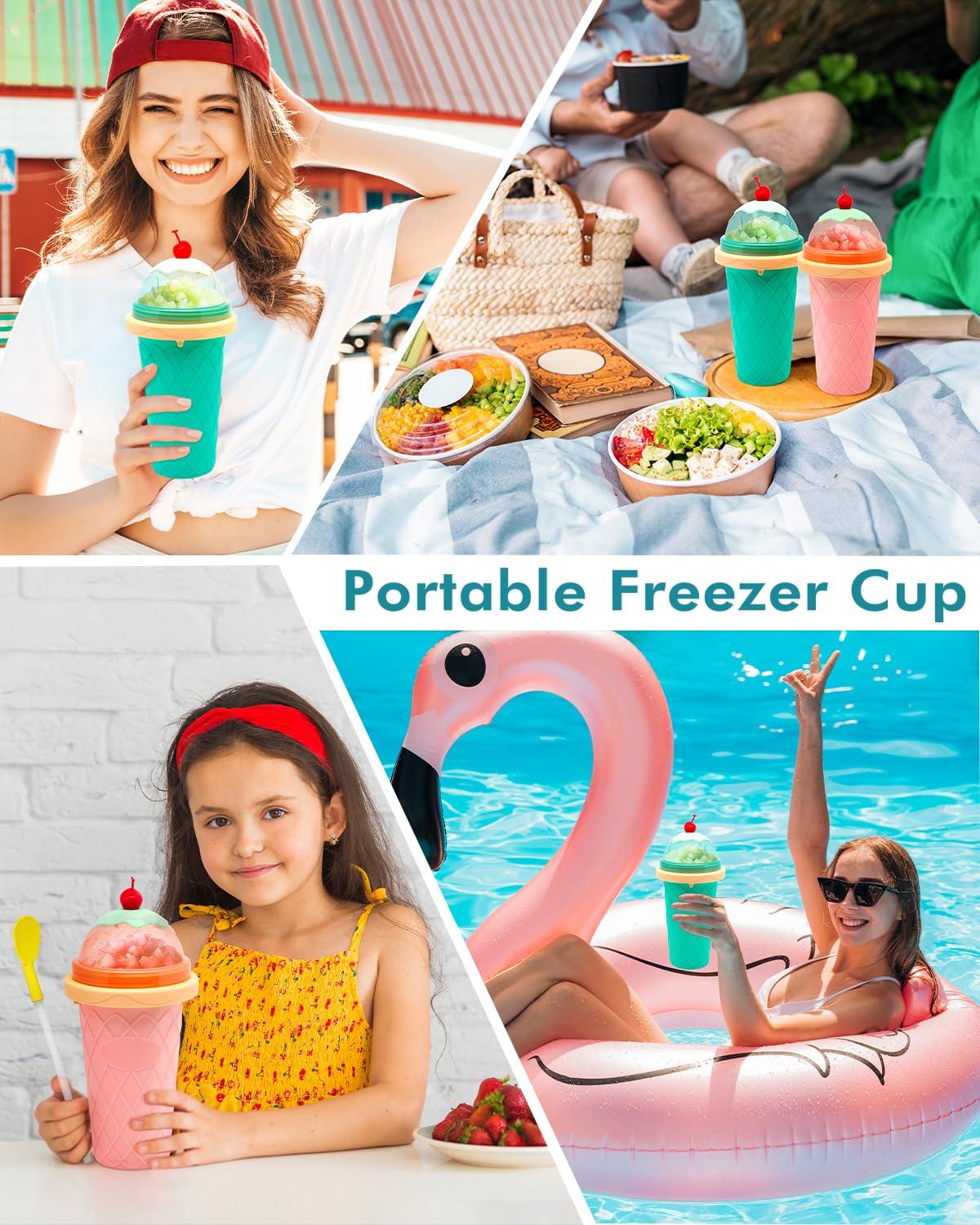 Bollove Slushie Cup, Smoothie Cups with Lids & Straws, Slushy Cup for Juices, Milk and Ice Cream Make, Portable Frozen Magic Slushie Cup Maker for Kids, Friends and Family (Green)