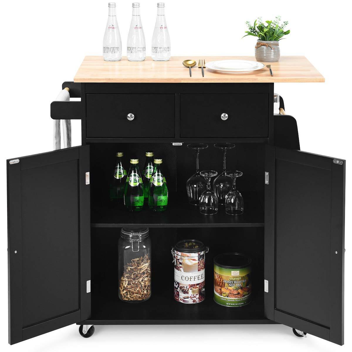 Giantex Giantex Kitchen Island Cart, Rolling Wood Trolley with Storage Cabinet, Towel Handle, 2 Drawers, Side Spice Rack and Wine Bottle Rack, Kitchen Cart on Wheels, Rubber Wood Countertop (Black)