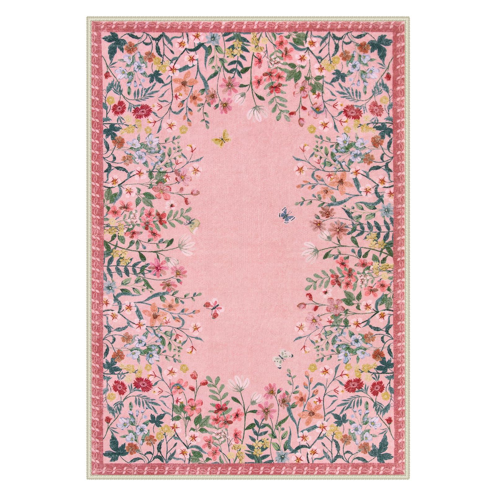 Wonnitar Wonnitar Washable Rug, 5x7 Pink Rugs for Living Room, Floral Print Non-Slip Pink Area Rugs for Bedroom Girls, Soft Large Throw Carpet for Kids Nursery Room (Pink,5'x7')