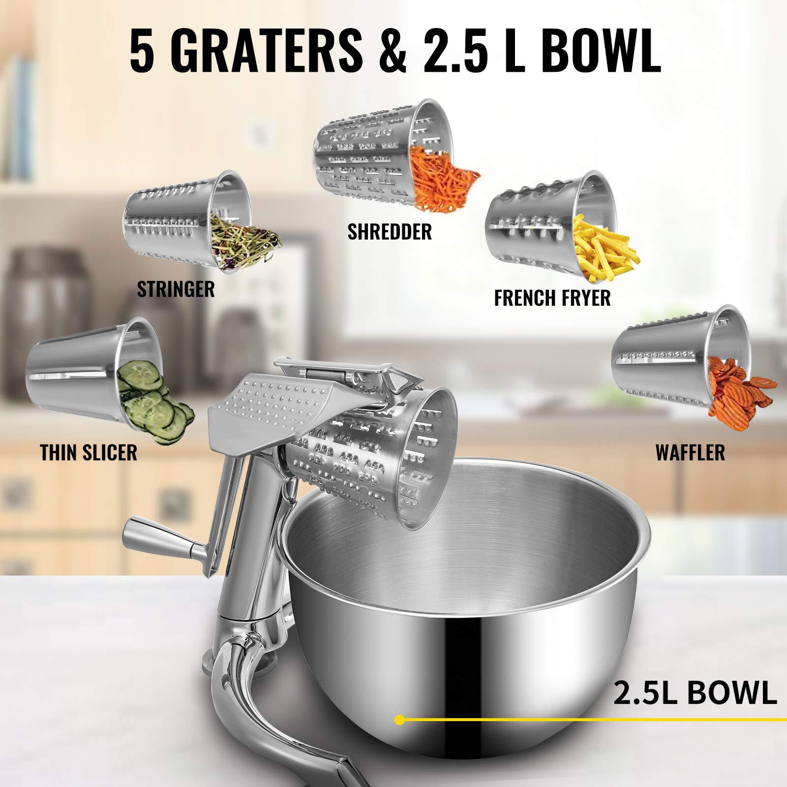 VEVOR VEVOR Rotary Cheese Grater, Zinc Alloy Rotary Vegetable Mandoline, Manual Cheese Mandoline w/ 5 Stainless Steel Cutting Cones, Manual Vegetable Grater w/ 2.5L Bowl, Rotary Shredder w/Suction Base