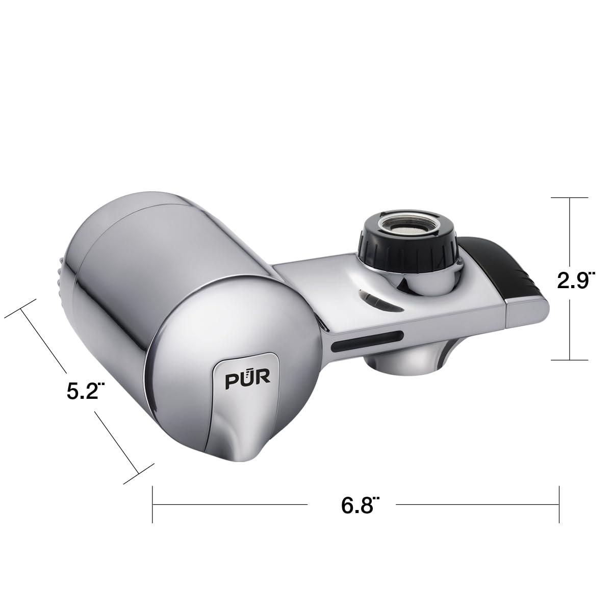 PUR PUR PLUS Horizontal Faucet Mount Water Filtration System with 3-in-1 Lead Reducing Filter for Great-Tasting Filtered Tap Water, Lasts 100 Gallons, Fits Most Kitchen or Bathroom Faucets, Chrome