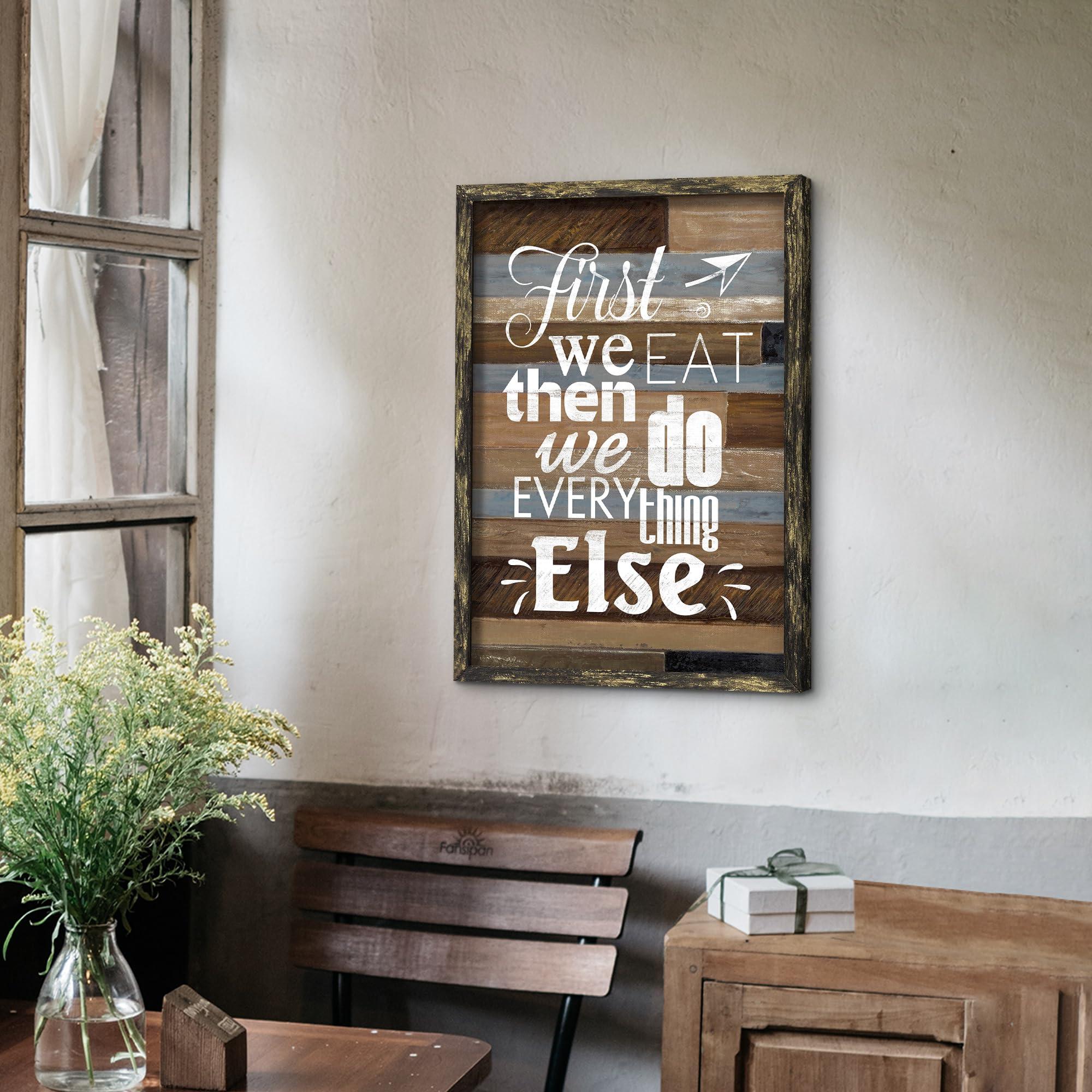 Color Play Inspirational Kitchen Framed Wall Art: Rustic Bless Quotes Wooden Painting Picture First We Eat Then We Do Every Thing Else Print Farmhouse Saying Word Artwork Decor for Kitchen Dinning Room