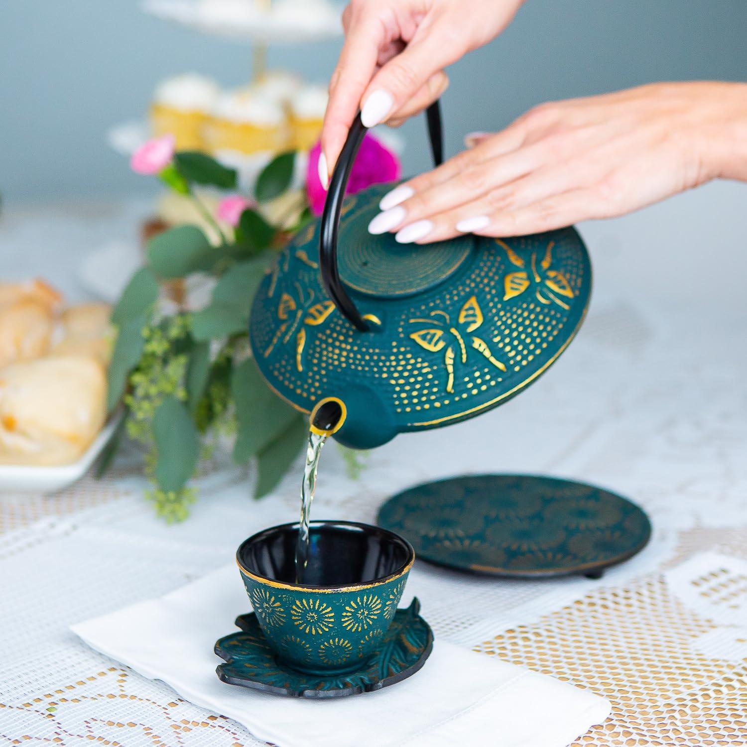 KIYOSHI Luxury KIYOSHI Luxury 7PC Japanese Tea Set. "KIYOSHI Green" Cast Iron Tea Pot with 2 Tea Cups, 2 Saucers, Infuser and Teapot Trivet. Ceremonial Matcha Accessories