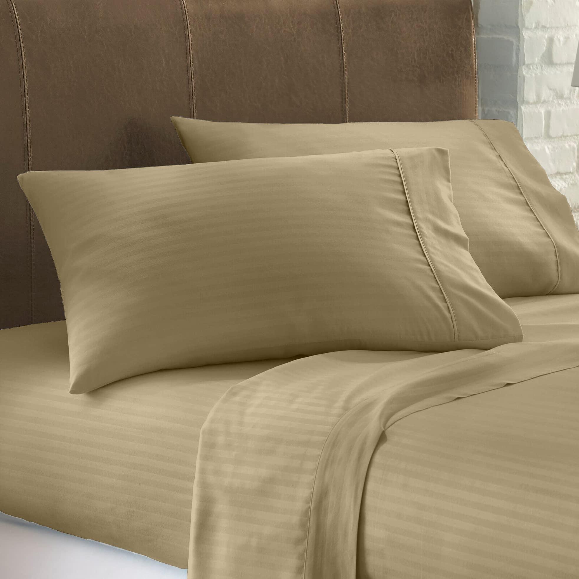 LuckShree LuckShree RV Sheets Striped Pattern RV Camper King 72\" X 80\" 4-PC Sheet Set 600 Thread-Count 100% Soft Luxury Egyptian Cotton Made for RV Camper Boat Motorhomes, 15-Inch Deep Pockets - Taupe Stripe