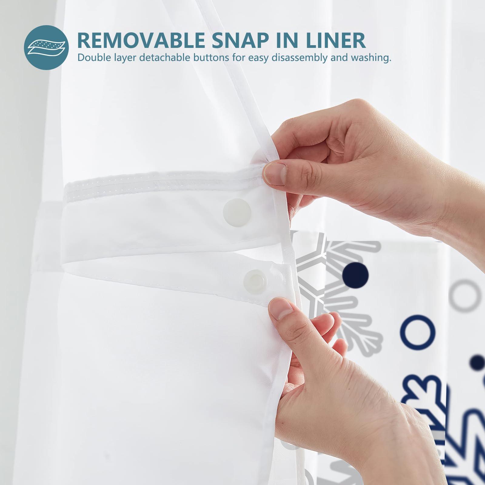 MEHOFOND MEHOFOND No Hook Winter Snowflake Shower Curtain, Hookless Christmas Shower Curtain,Blue and Grey Xmas New Year Holiday Bathroom Bathtubs Decor with Snap in Liner, Waterproof Polyester Fabric 71X74in