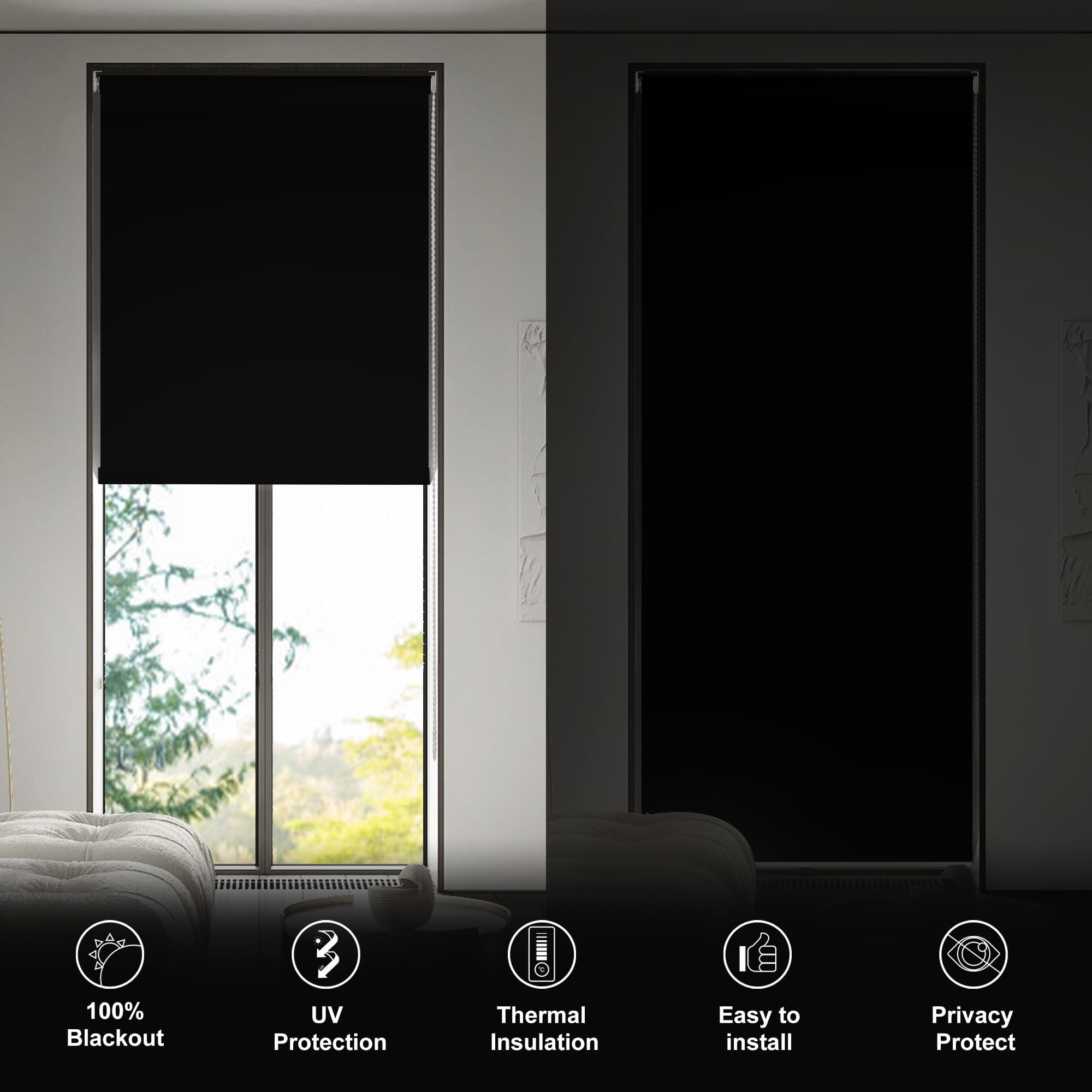 Boolegon Boolegon Blackout Roller Shades for Window, Custom Roller Blinds UV Protection Thermal Insulated Pull Down Room Darkening Shades for Home Office Bedroom Kitchen, Easy Install, Black,76" W x 36" H