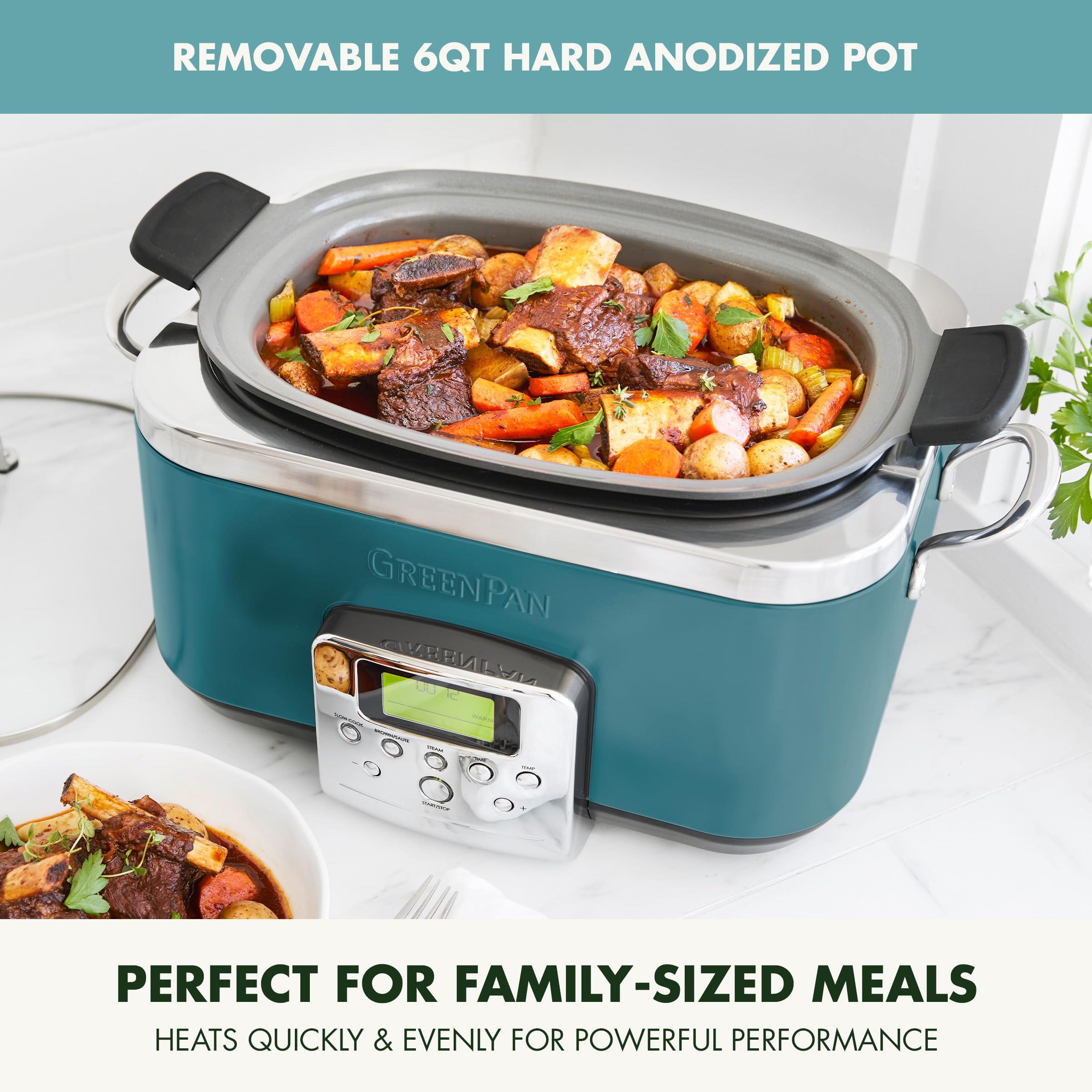 GreenPan GreenPan Elite 8-in-1 Programmable 6QT Electric Slow Cooker, Dishwasher Safe Lid & Removable Crock, PFAS-Free Healthy Ceramic Nonstick Multi-Cooker, Sear, Saut,Brown, Steam Basket, Roast, Deep Teal