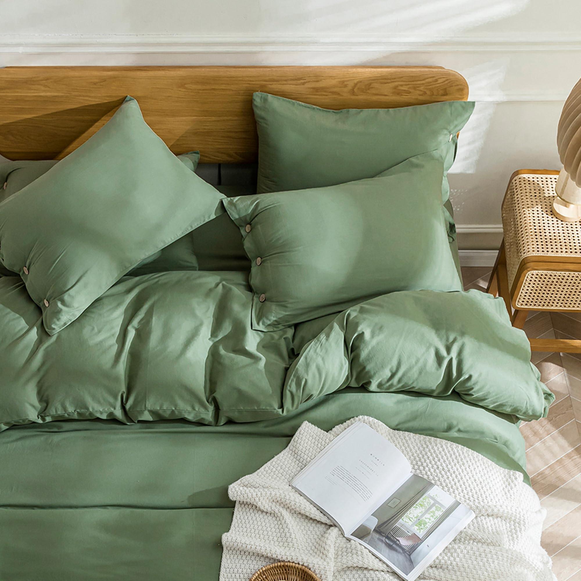 JELLYMONI JELLYMONI Cotton Duvet Cover Set - 100% Washed Cotton Linen Like Textured Comforter Cover, 3 Pieces Soft Bedding Set with Button Closure (Green, Super King 120\"x98\")