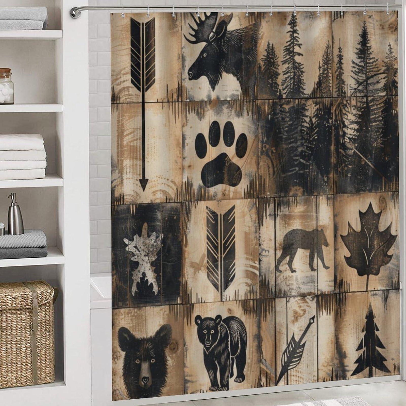 Brebasf Rustic Hunting Theme Lodge 4 Pcs Shower Curtain,Abstract Forest Farm Farmhouse Bear Claw Print Deer Shower Curtain Set Non-Slip Rugs Toilet Lid Cover Bath Mat 12 Hooks