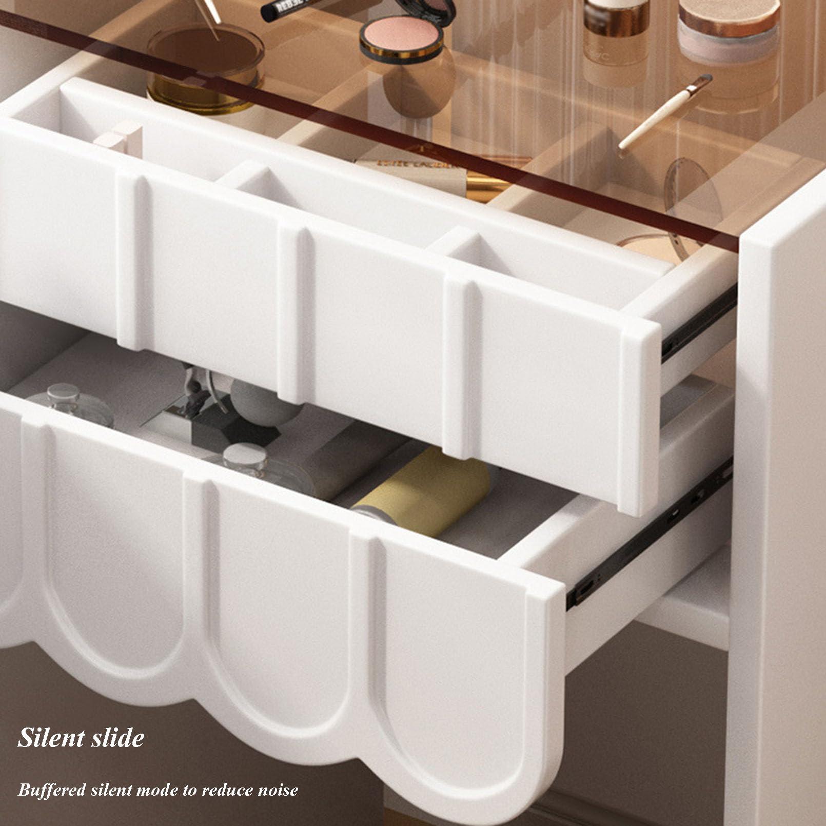 TBWFRD Makeup Vanity Table with Lighted Mirror, Small Vanity Desk with Storage Stool and Drawers, Bedroom Dressing Table with Transparent Table Top for Girls Women Gifts