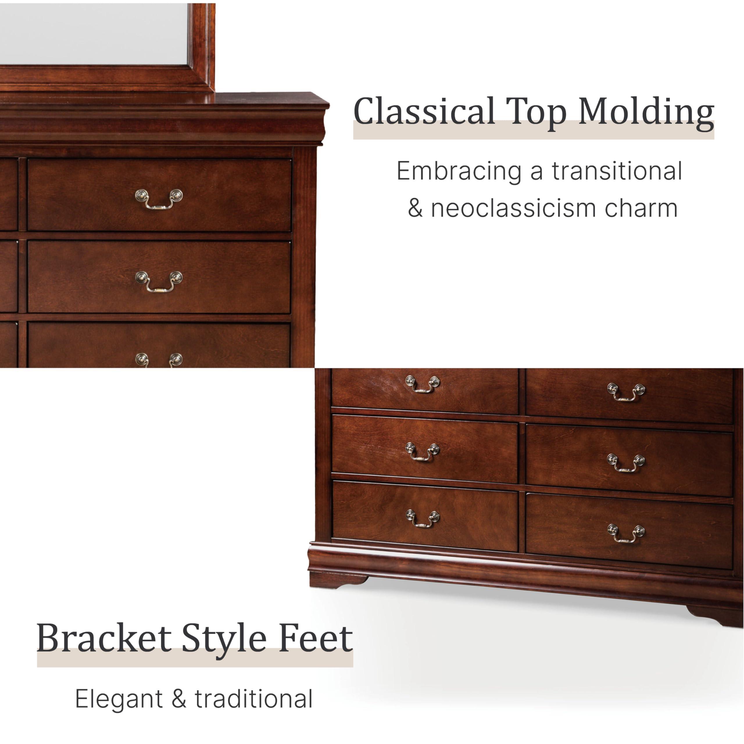 Furniture of America Furniture of America Louis Philippe Traditional Wooden 6 Drawer Dresser with Mirror, Vintage Bedroom Set, Accent Vanity Dressing Table with Antique Nickle Handles, Walk-in Closet, Standard, Cherry