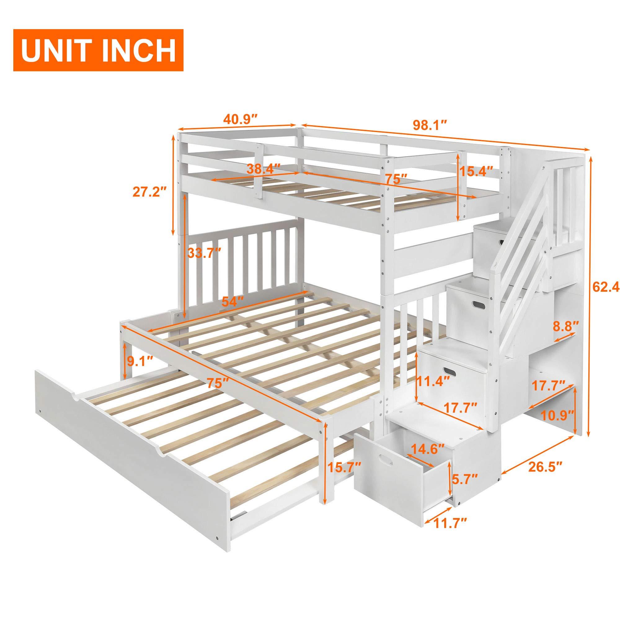 KLMM Twin Over Twin/Full Bunk Bed with Trundle Bed, Can be Split into Two beds, Kids Teens Solid Wood Bunk Bed Frame with Stairs Guardrail Locker Bedroom Furniture (White-Twin/Full)