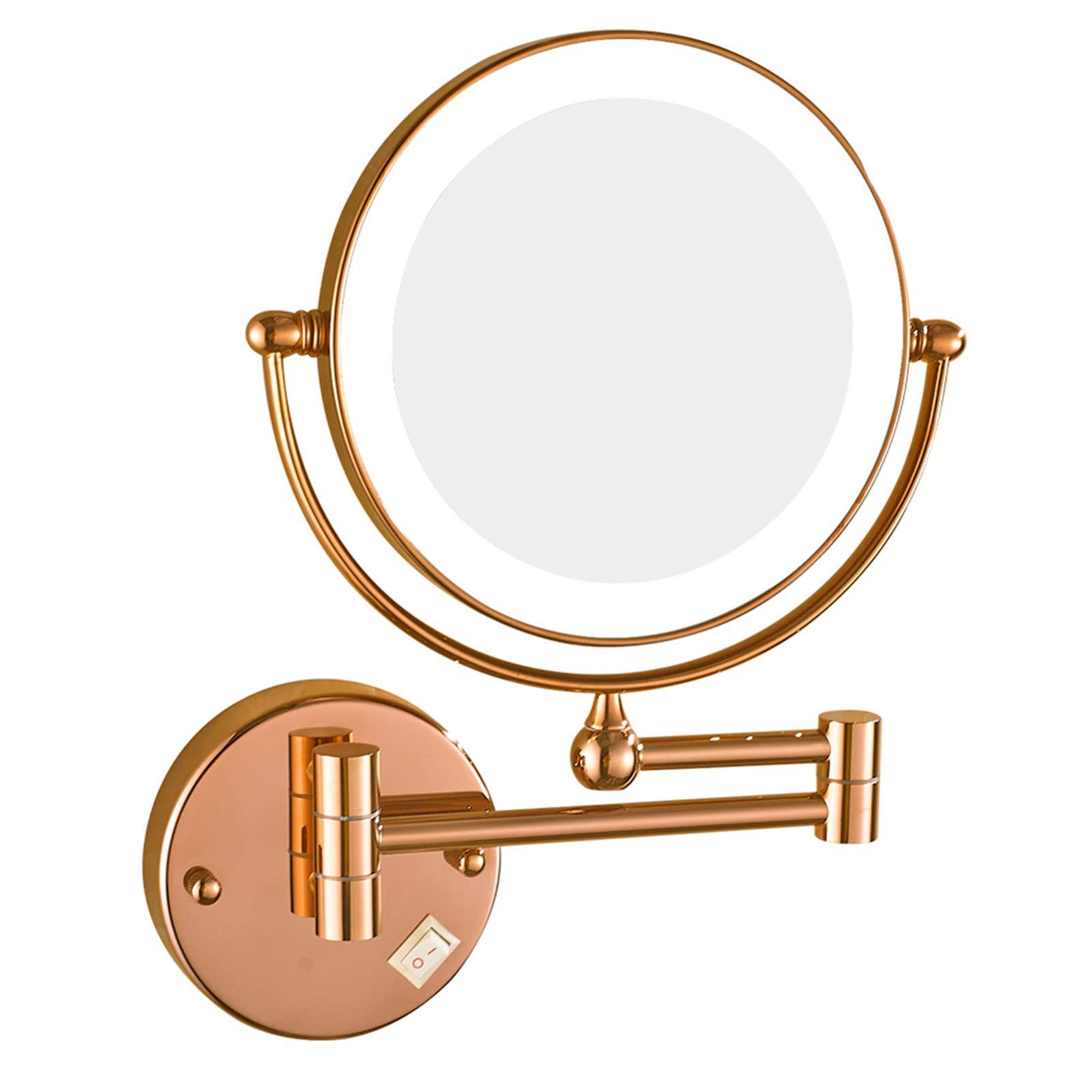 DMNSDD Double Sided Makeup Mirror with Lights and Magnification, 8 inch Brass Bathroom Wall-mounted LED Vanity Mirror, 360 Swivel Extendable Mirror,Rose gold,10X