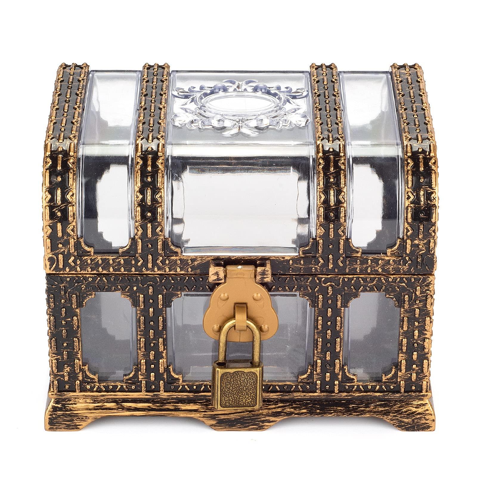 Pemalin Plastic Transparent Antique Pirate Treasure Box with Lock and Key, Treasure Toy Box Prizes for Kids, Pirate Party Decor