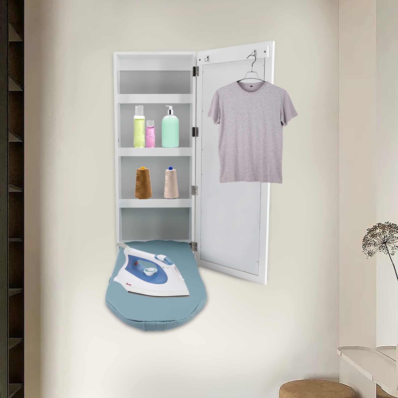 InSyoForeverEC Ironing Board Cabinet Wall Mounted, Cabinet with Built-in Ironing Board, Foldable Ironing Storage Station with Mirror for Home, Apartment & Small Spaces, Easy-Release Lever