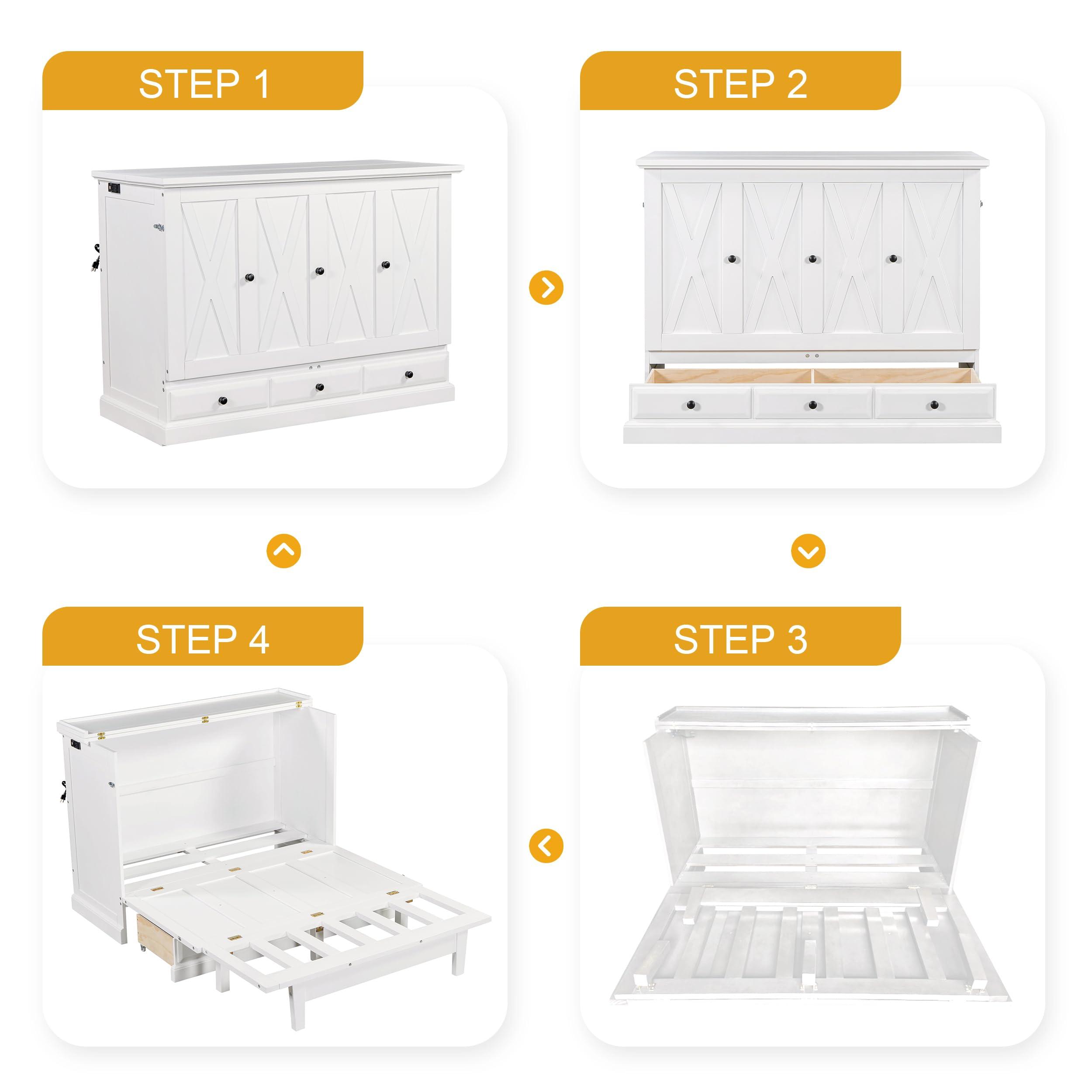 SOFTSEA SOFTSEA Queen Size Murphy Bed, Wood Murphy Bed with Charging Station and Large Storage Drawer, Queen Murphy Bed Cabinet Bed Folding Wall Bed for Home Office Small Room, White