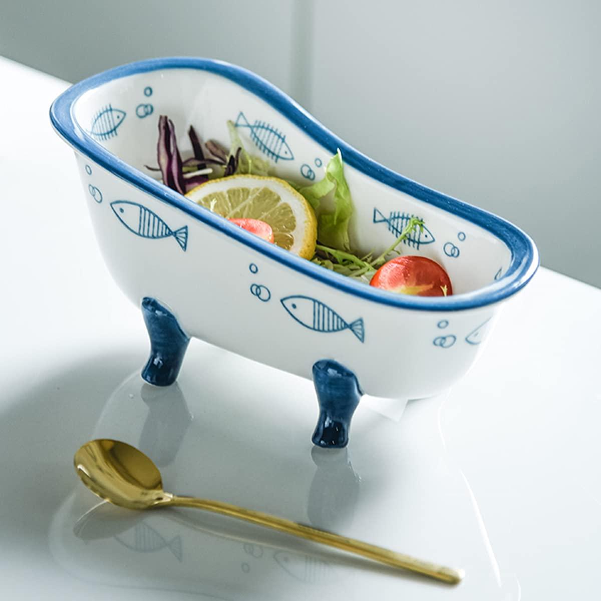 BAYAJIAZ Creative ceramic cute bathtub bowlGeBAYAJIAZit10.8 ounces, suitable for ice cream, desserts, salads, fruit, pudding, Small fish patterns