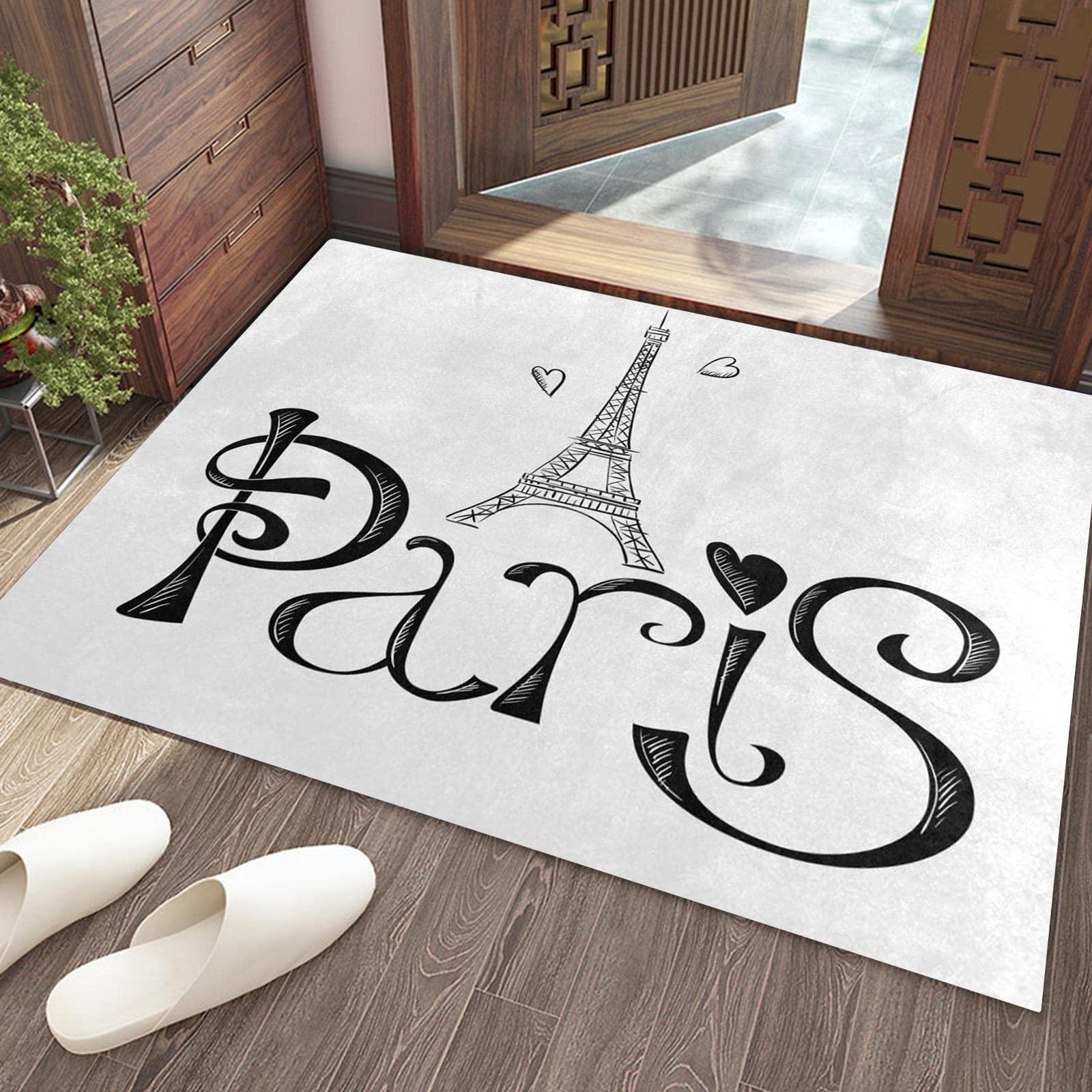 Oueoty Cityscape Paris Eiffel Tower White Area Rug 2x3ft/24x36in/60x90cm,Non Slip Floor Carpet Yoga Mat for Living Dinning Room Bedroom Kitchen