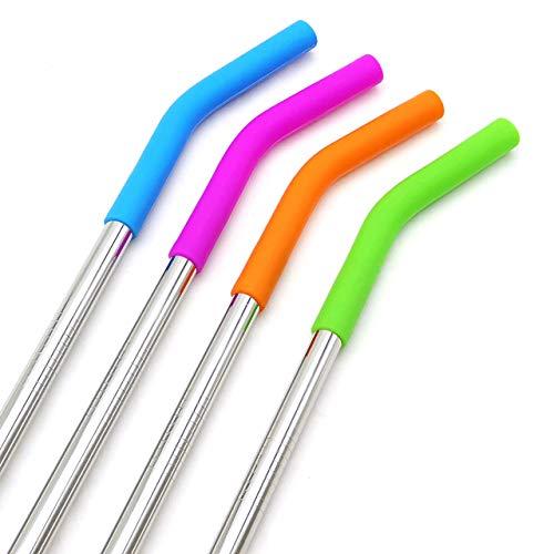 GFDesign Big Drinking Straws Reusable 12" Extra Long 8mm Extra Wide Food-Grade 18/8 Stainless Steel Silicone Elbows Tips for Smoothie Milkshake Cocktail Juice Hot Drinks - Set of 4 + 2 Cleaning Brushes