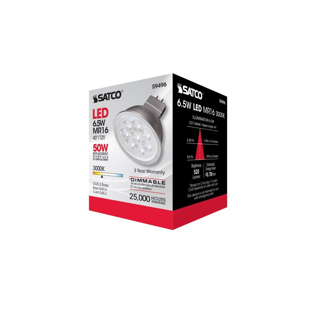 Satco Satco Lighting S9496-6.5 Watt Dimmable MR16 Low Voltage LED Light Bulbs - 3000K - 40 Degree Beam Angle - GU5.3 Base - 12 Volt AC/DC (6 Pack of Bulbs)