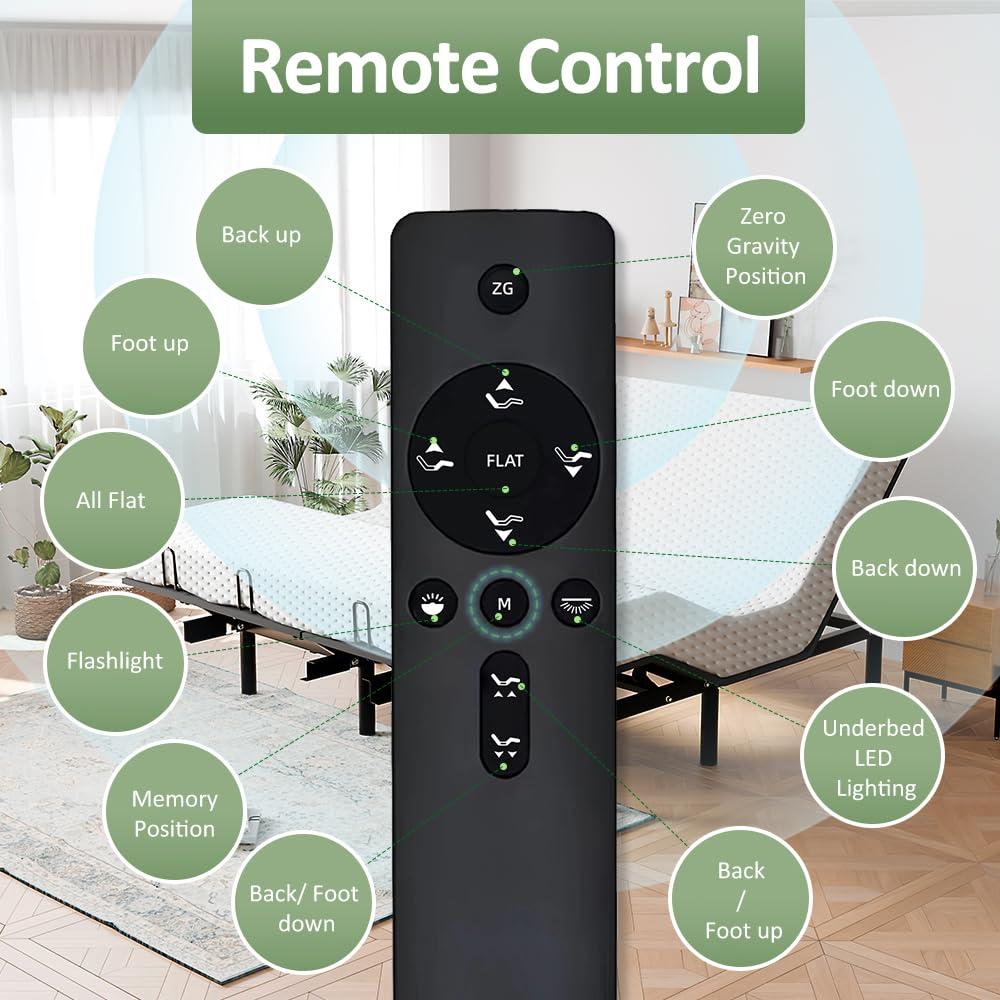 Lakenyon Lakenyon Split King Adjustable Bed Frame with Wireless Remote, Independent Head and Foot Incline, Zero-Gravity Mode, Quiet Motor, USB Port, Nightlight, Fits Most Bed Frames and Mattresses