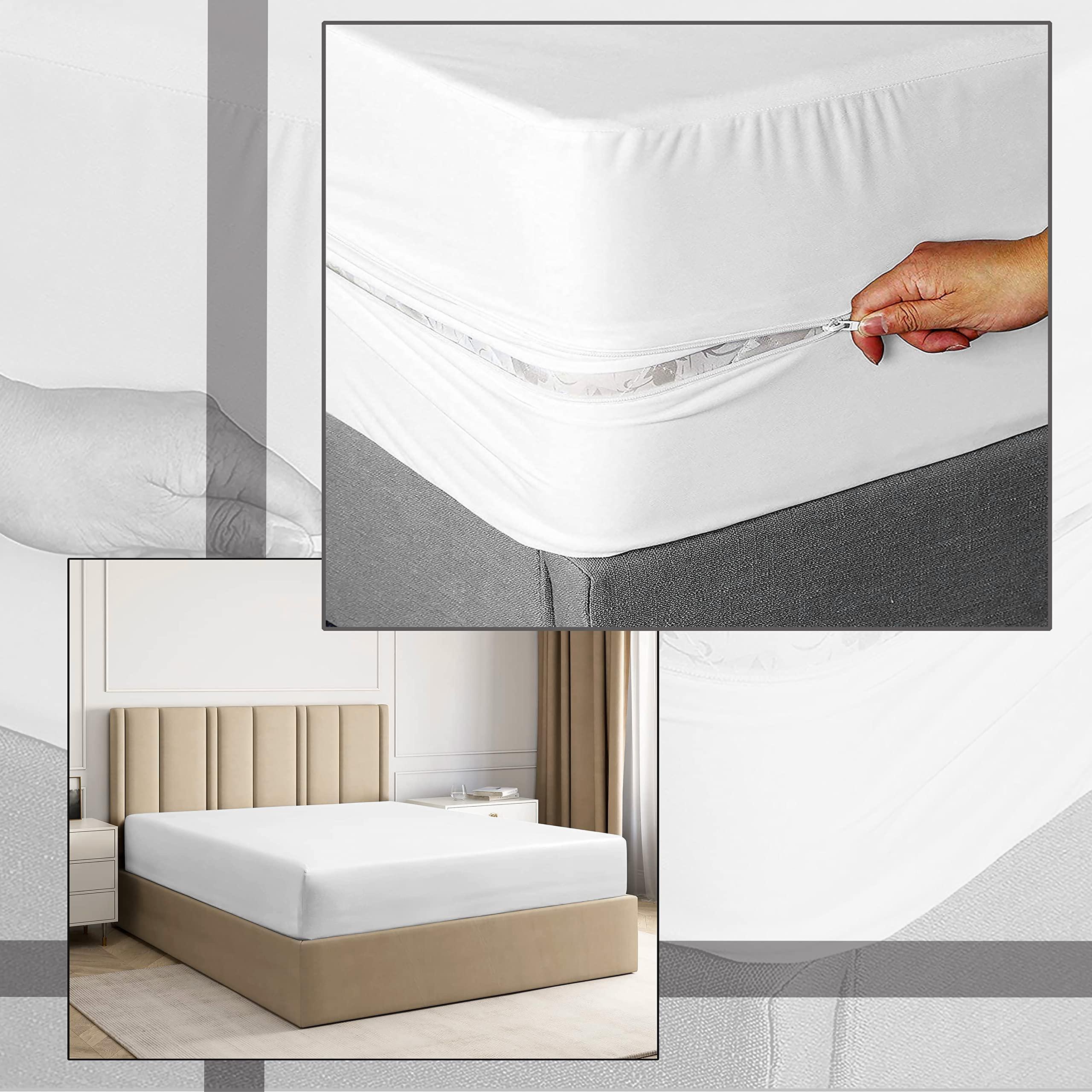PURE ECO Pure Eco Fitted Sheet Zipper Twin XL Size 39\" X 80\" Inches Fit 10\" Deep Pocket White, 600 TC 100% Egyptian Cotton Sateen Weave Zipper Mattress Cover Twin XL Zipper Bed Sheet Twin XL Size