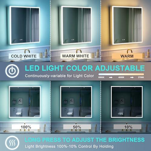 WELLFOR WELLFOR 30\" X 30\" Medicine Cabinet with Lights, 3X Magnification, Anti-Fog Mirrored Cabinet, Bathroom Vanity Medicine Cabinet with Outlets & USB Ports, Double Doors