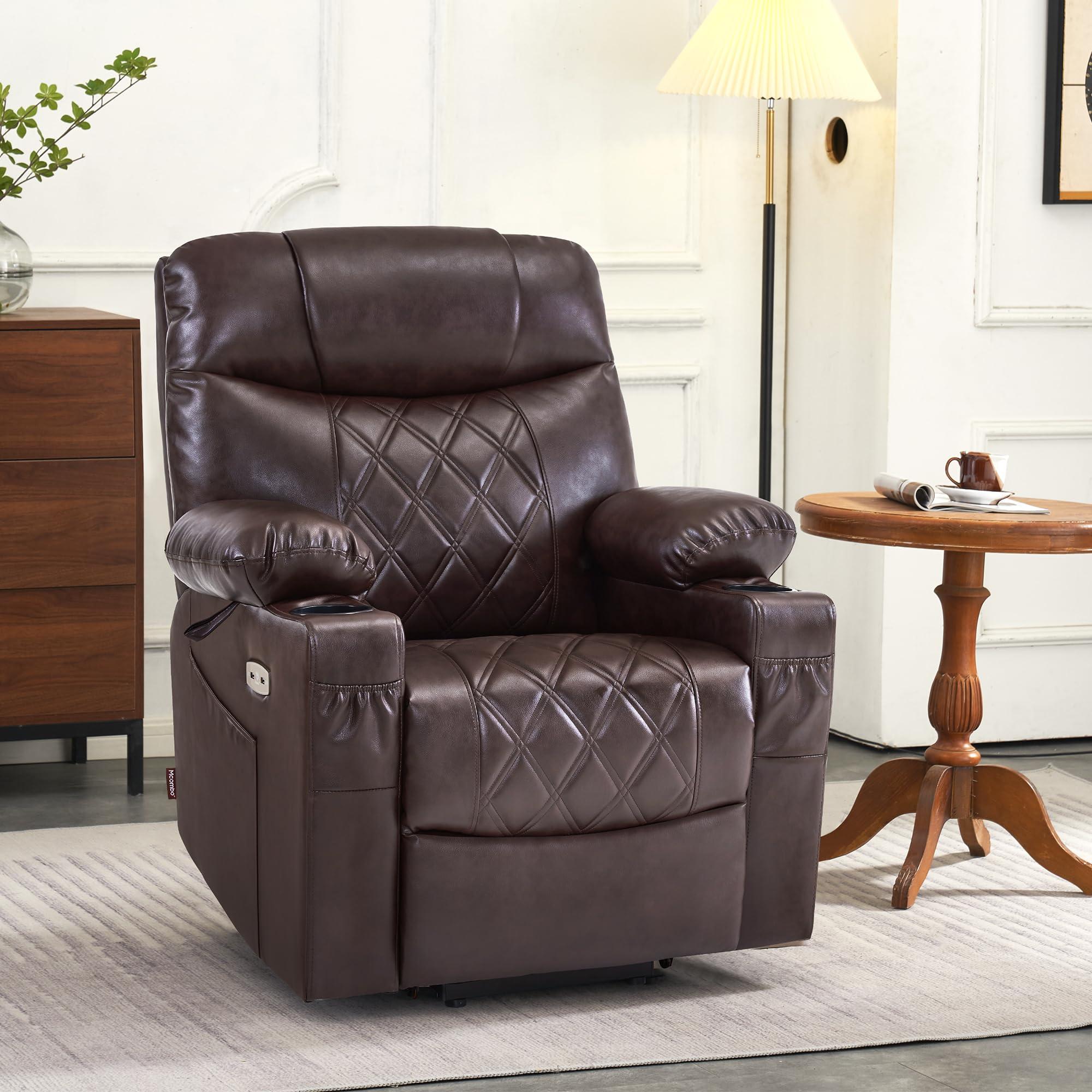 MCombo MCombo Small Size Power Lift Recliner Chair Sofa with Massage and Dual Heating, Adjustable Headrest for Elderly People Petite, USB Ports, Faux Leather 7111 (Dark Brown)