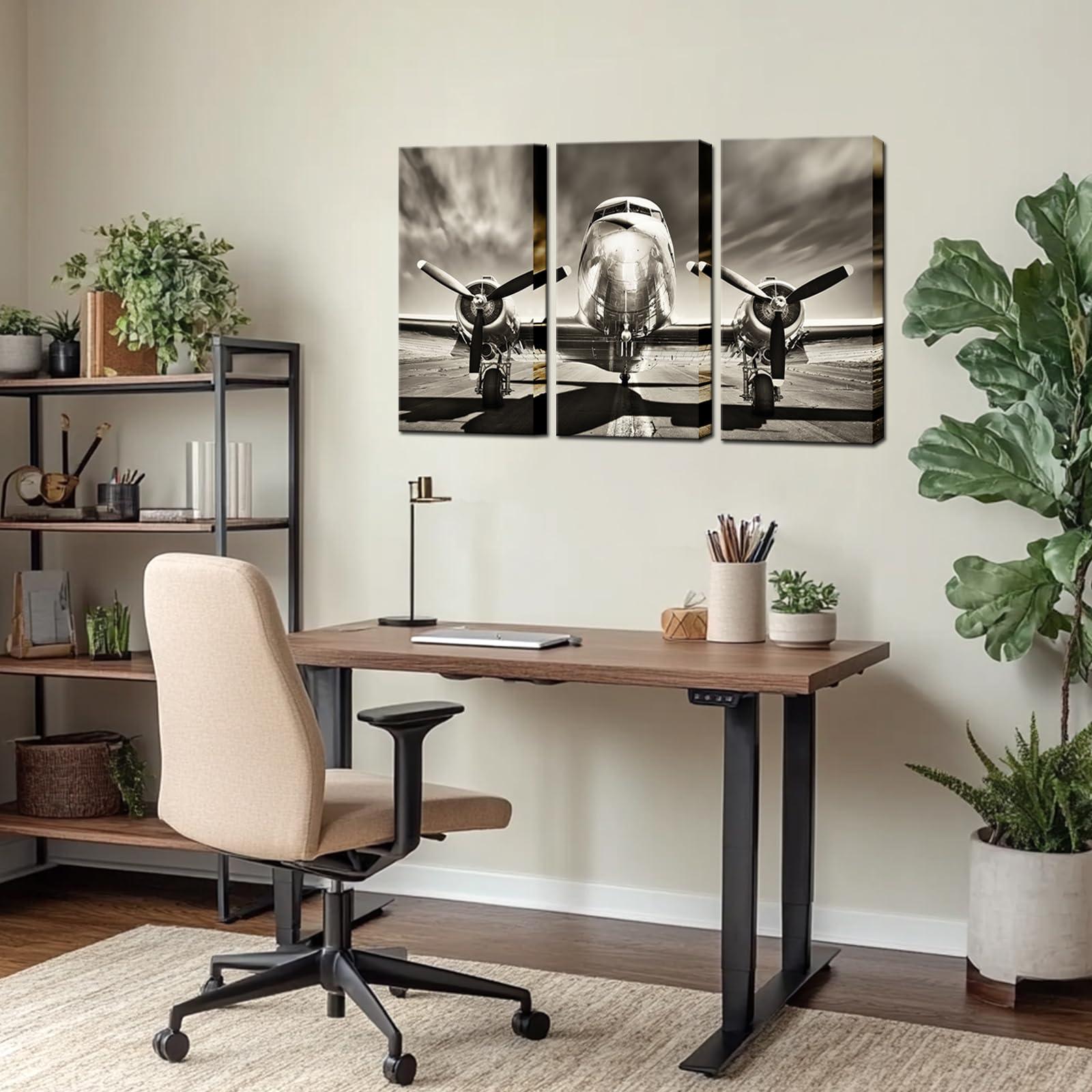 KLVOS KLVOS 3 Piece Airplane Wall Art Vintage Black and white Propeller Aircraft Picture for Boy Room Home Office Modern Home Decor Stretched and Framed Ready to Hang - 16"x32"x3pcs