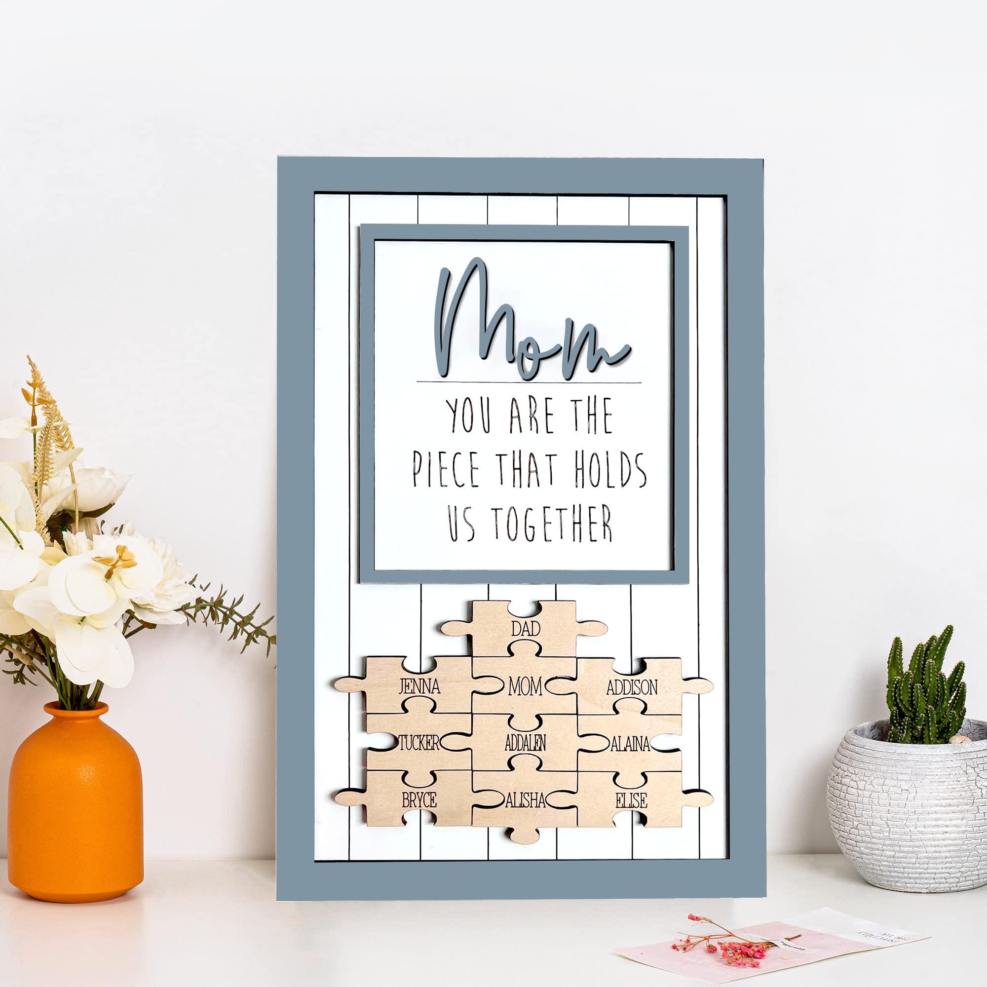NAZENTI NAZENTI Personalized Mom Puzzle Sign, Custom Mom You Are The Piece That Holds Us Together With Family Name Sign, Puzzle Piece Sign, Birthday Christmas Mothers Women Day Gift From Kid, Mom Grandma Gift