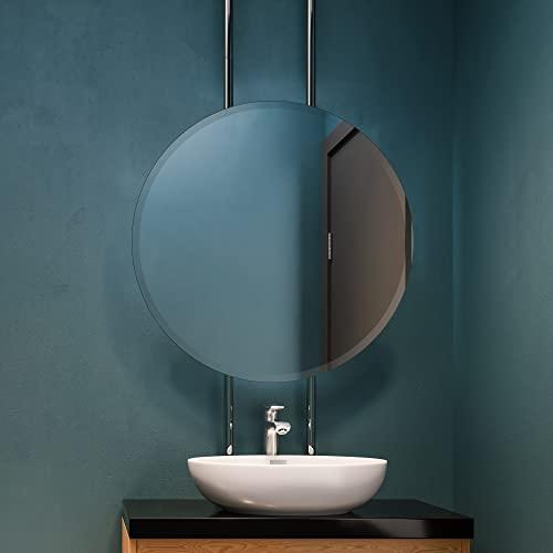 Fab Glass and Mirror Fab Glass and Mirror Round Frameless Safety Backing 1" Beveled Edge Mounted with Hooks-Bathroom Wall Mirror 18"x18", 18" x 18", Silver