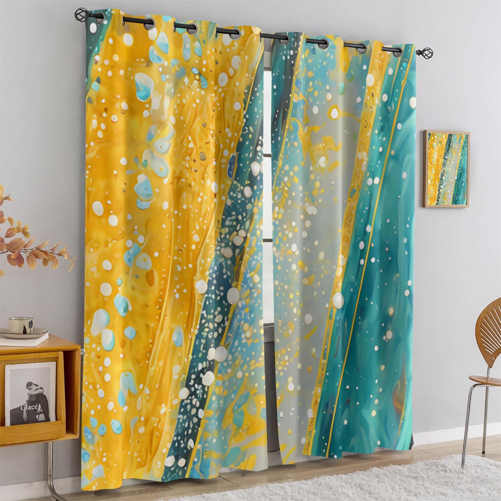 CTTELUN Bedroom Curtains, Abstract Paint Inkjet Art Window Treatments Curtains, Yellow Blue Oil Painting Style Blackout Drapes, Polyester Privacy Grommet Drapes for Living Room 21"W x 63"L x 2 Panels