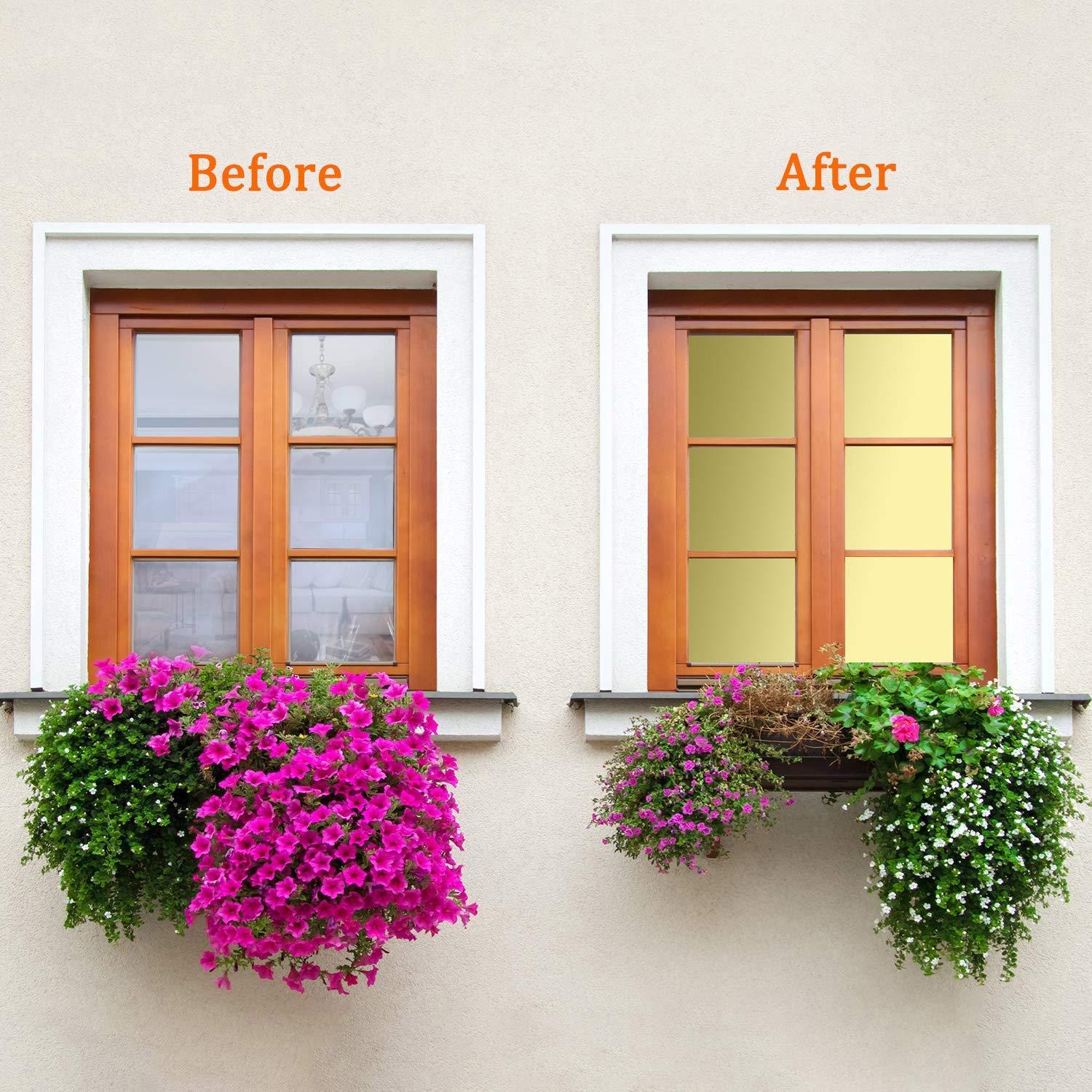 Kinsolar Reflective Privacy Window Film One Way Mirror Film Self-Adhesive Heat Control Window Tint Vinyl Sun Blocking for Glass See Out not in, 35.4Inch x 16.5Feet, Gold Silver