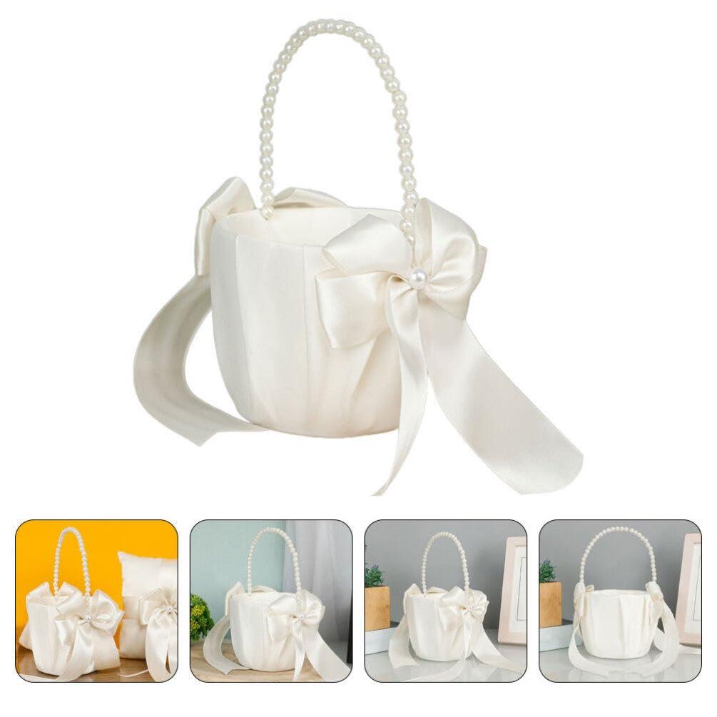 HOLIDYOYO HOLIDYOYO Wedding Flower Girl Baskets with Pearl Handle Bowknot Satin Flower Baskets Flower Pedal Basket for Wedding Ceremony Party