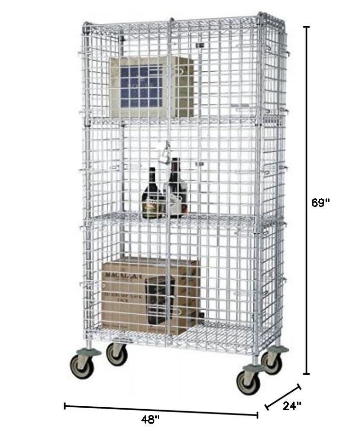 Omega Omega Wire Security Cart Grade NSF Listed Metal Wire Mesh Storage Warehouse Grocery Store Restaurant Chrome Security Cage with 4 Interior Shelves 24" Deep x 48" Wide x 69" High, 1200 LBs Capacity