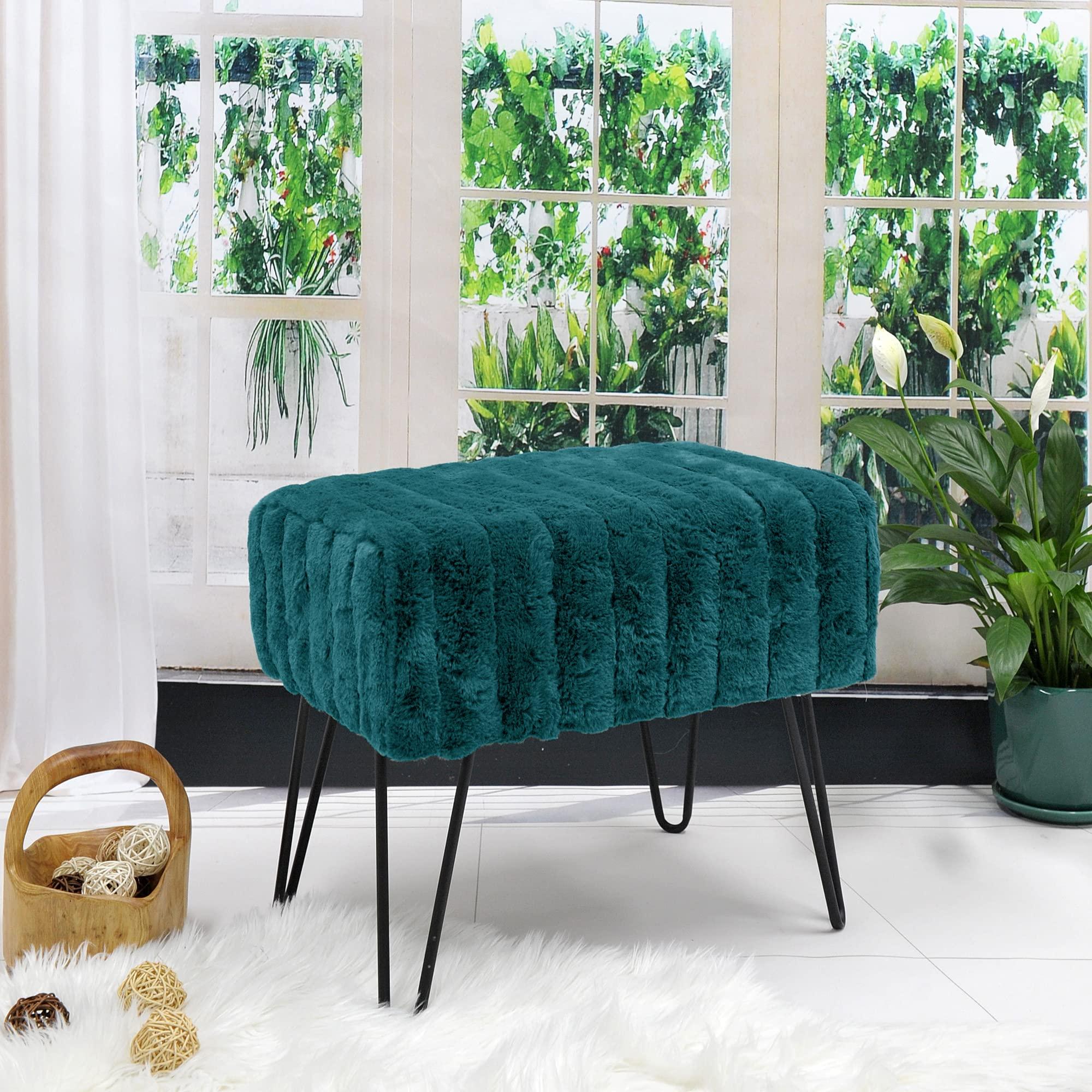 Warmaxx Warmaxx Blue-Green Mink Faux Fur Ottoman Entryway Bench, 19.5\"x12.5\"x17\"H Comfy Furry Makeup Stools with Metal Legs Foot Rest Sturdy Foot Stool Bedroom End of Bed Living Room Couch Vanity Home Dcor