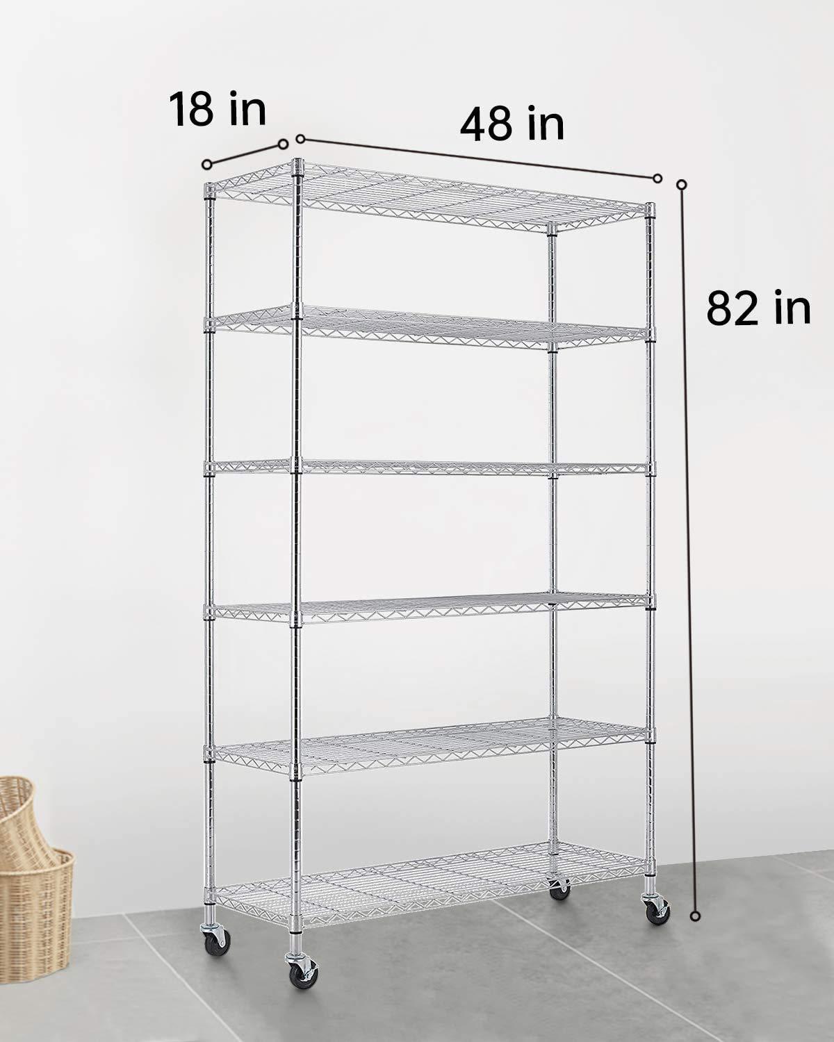 HHS 6 Tier Wire Metal Shelving Heavy Duty Shelf Storage Organizer Rack Unit NSF Wire Adjustable Shelves with Wheels, 82"x48"x18", 2100LBS Capacity Wide Shelf, Black (Chrome)