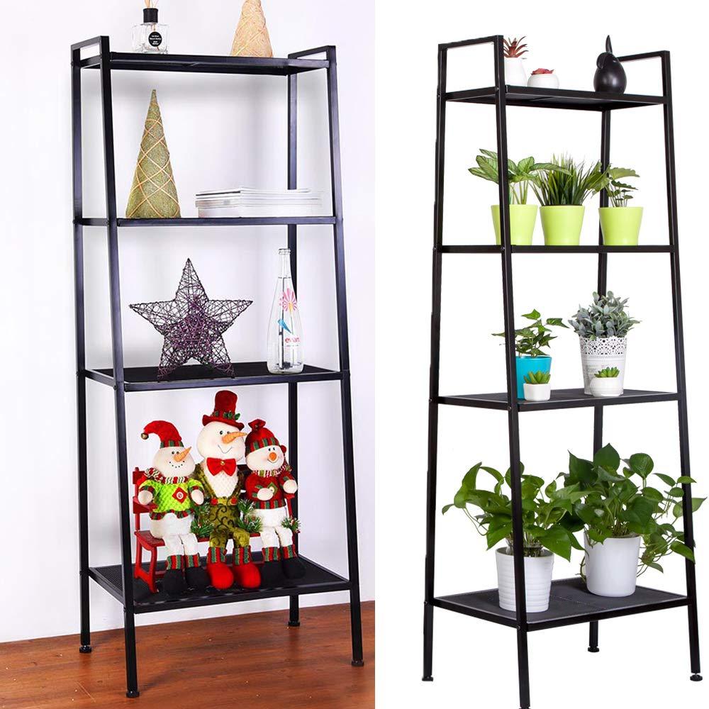 seelee 4-Tier Open Ladder Bookshelf, Multifunctional Leaning Plant Flower Stand Rack Bookcase Storage Display Shelves for Home Office Bathroom Balcony (Black)