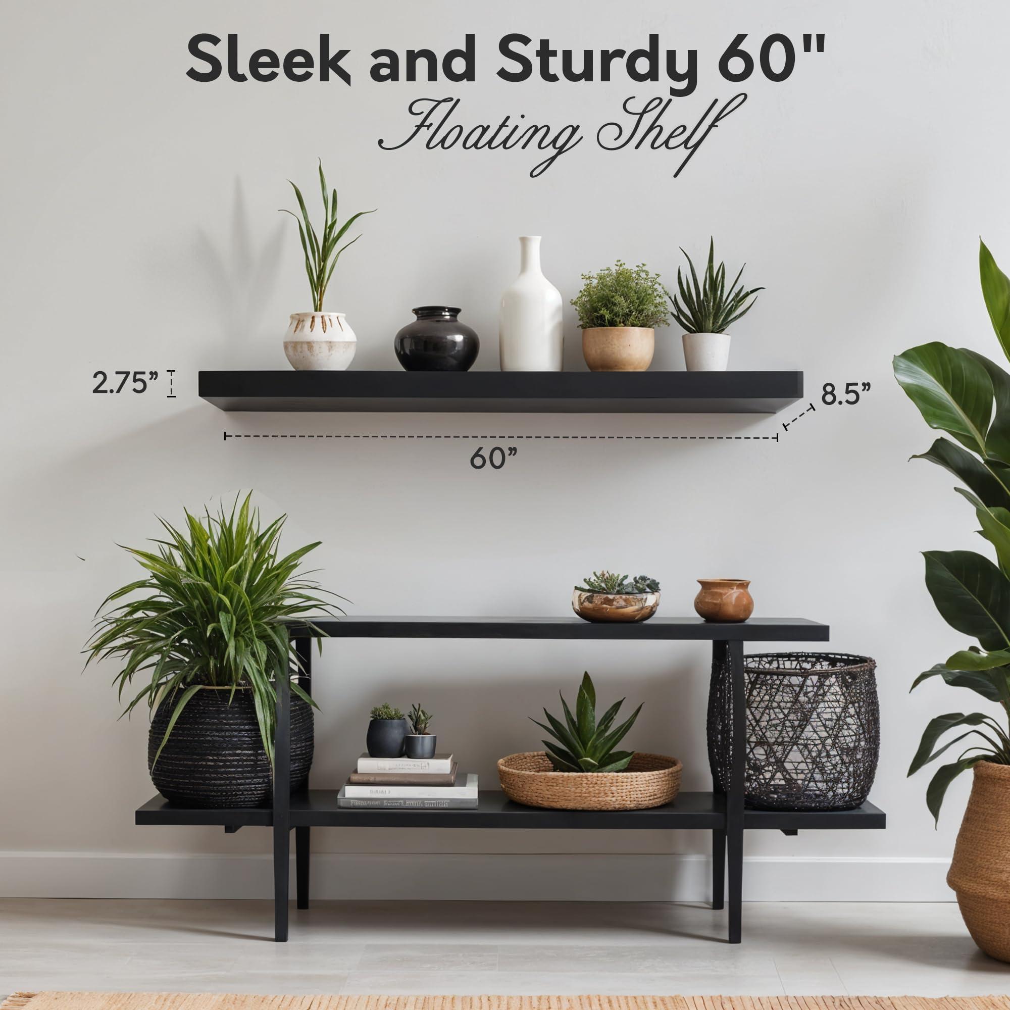 in Place InPlace Invisible Brackets Shelf with Edge - MDF Floating Shelves for Wall with EZ Anchors Included - Easy to Install Shelf for Office, Bathroom & Living Room - 8.5\"D x 60\"W x 2.75\"H, Black, 9603017E